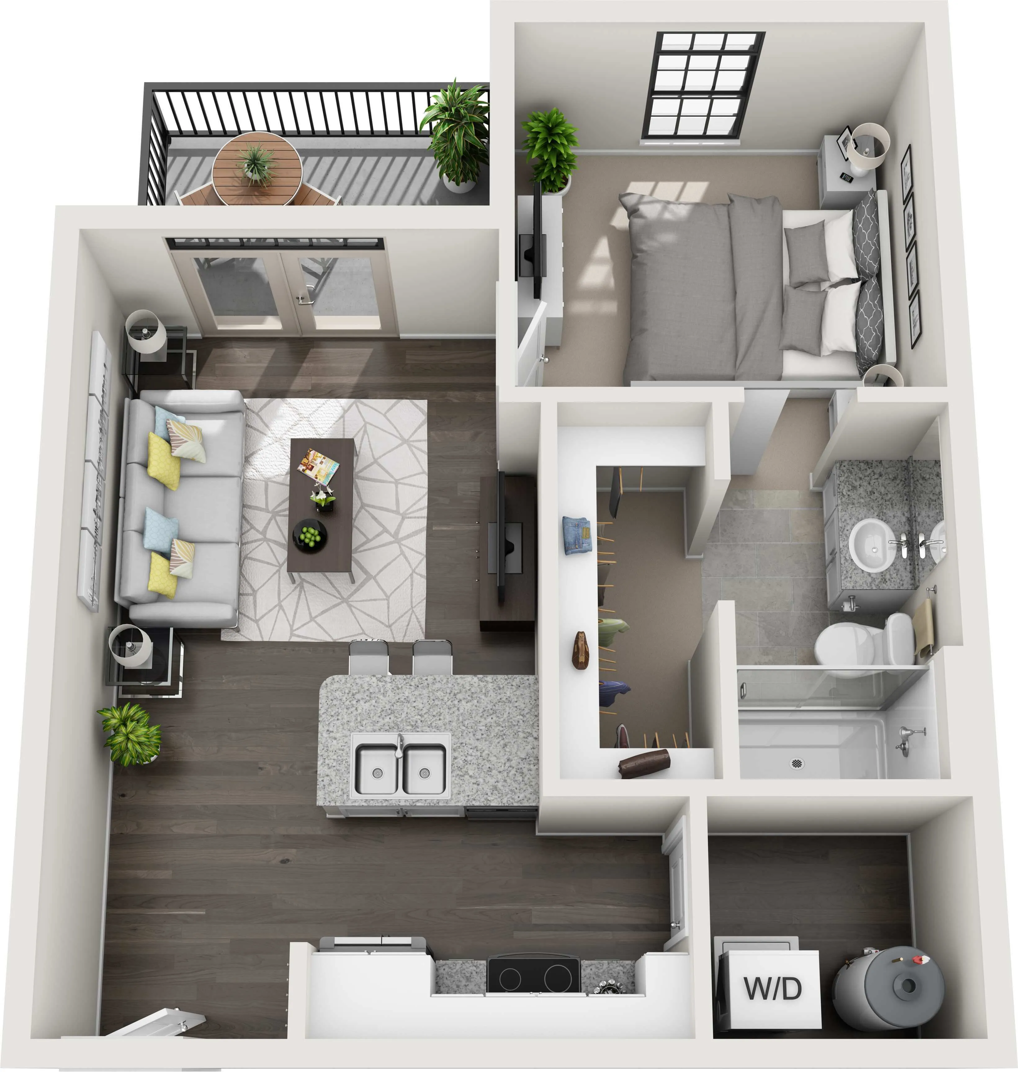 Modern 3D floor plan with one bedroom, cozy living area, stylish kitchen island, and private balcony, featuring elegant design and efficient layout.