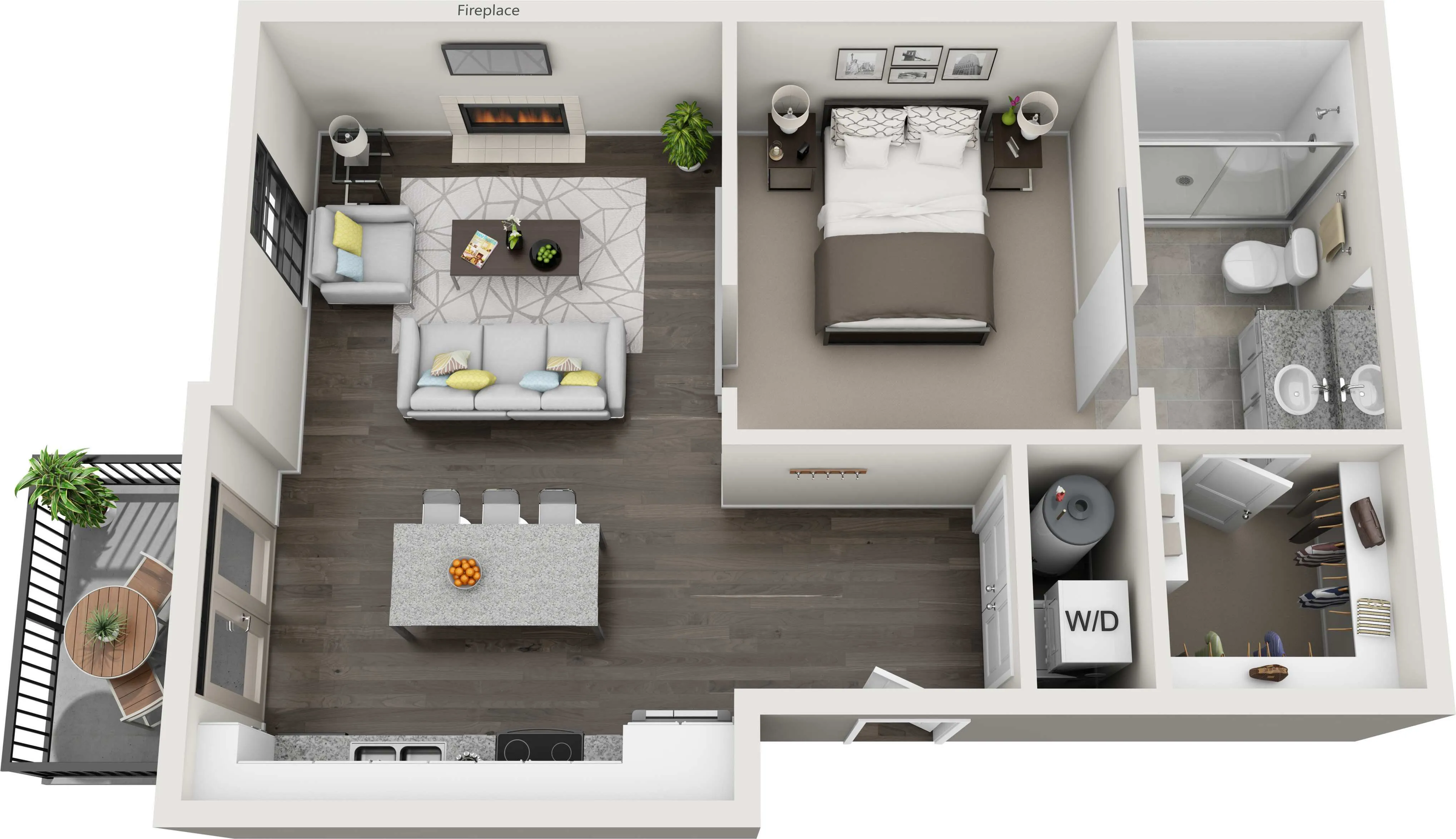 Modern floor plan featuring a cozy bedroom, sleek bathroom, open-concept living area with fireplace, stylish kitchen, and private balcony.