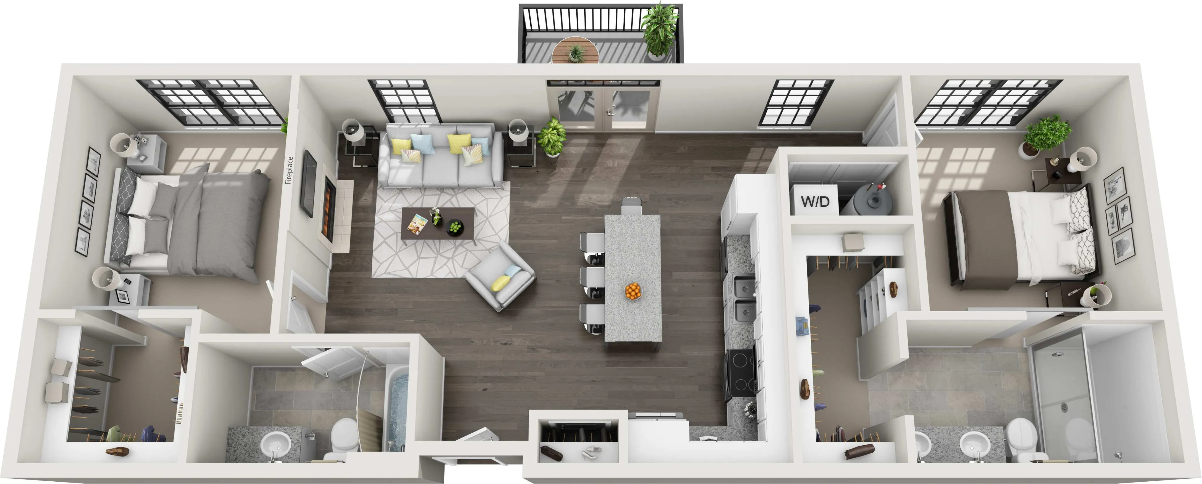 Contemporary 3D apartment floor plan showcasing two spacious bedrooms, stylish living room with balcony, modern kitchen with island, and two luxurious bathrooms.