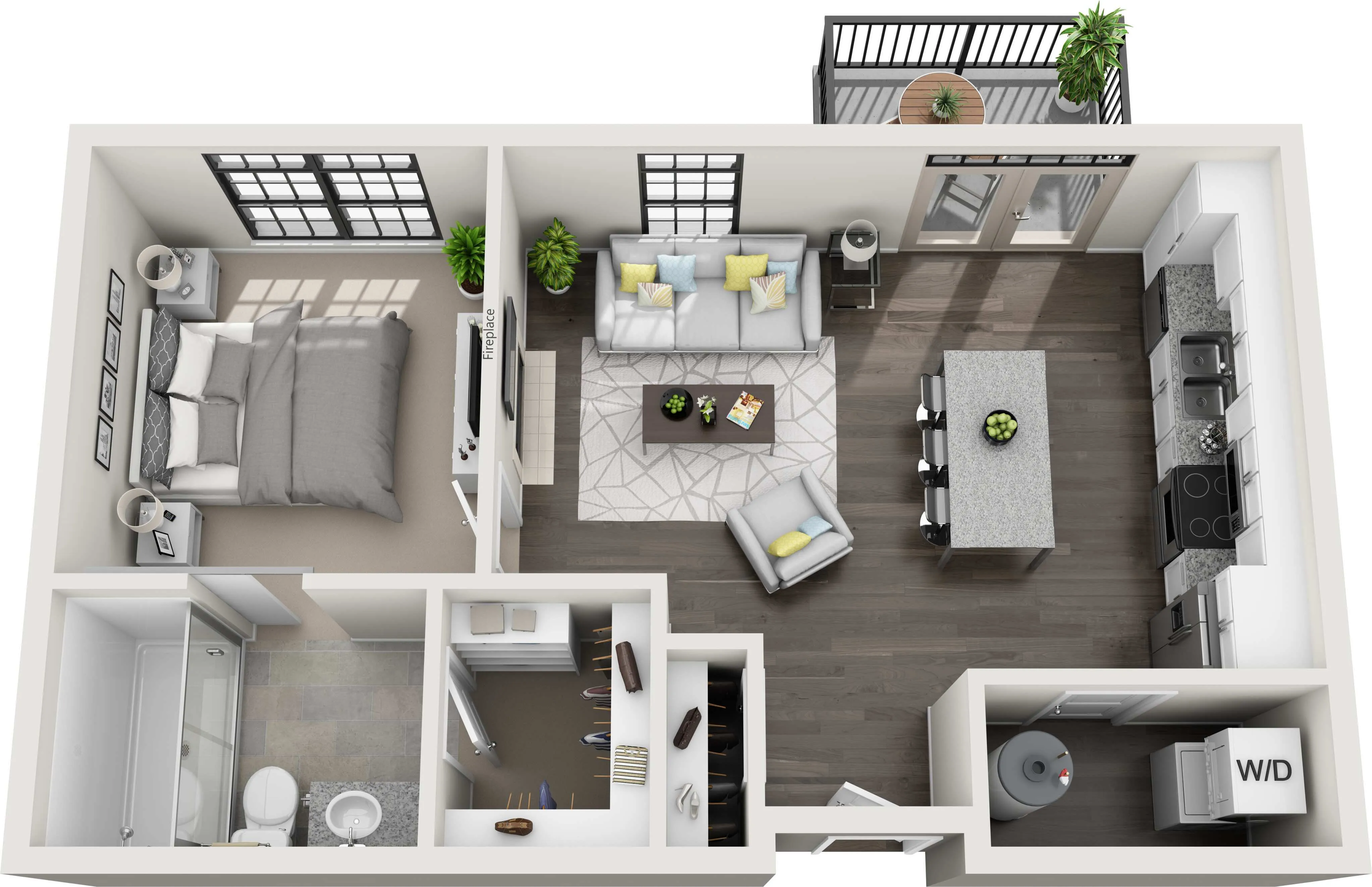 Modern 1-bedroom apartment floor plan with a cozy living area, gourmet kitchen, and private balcony.