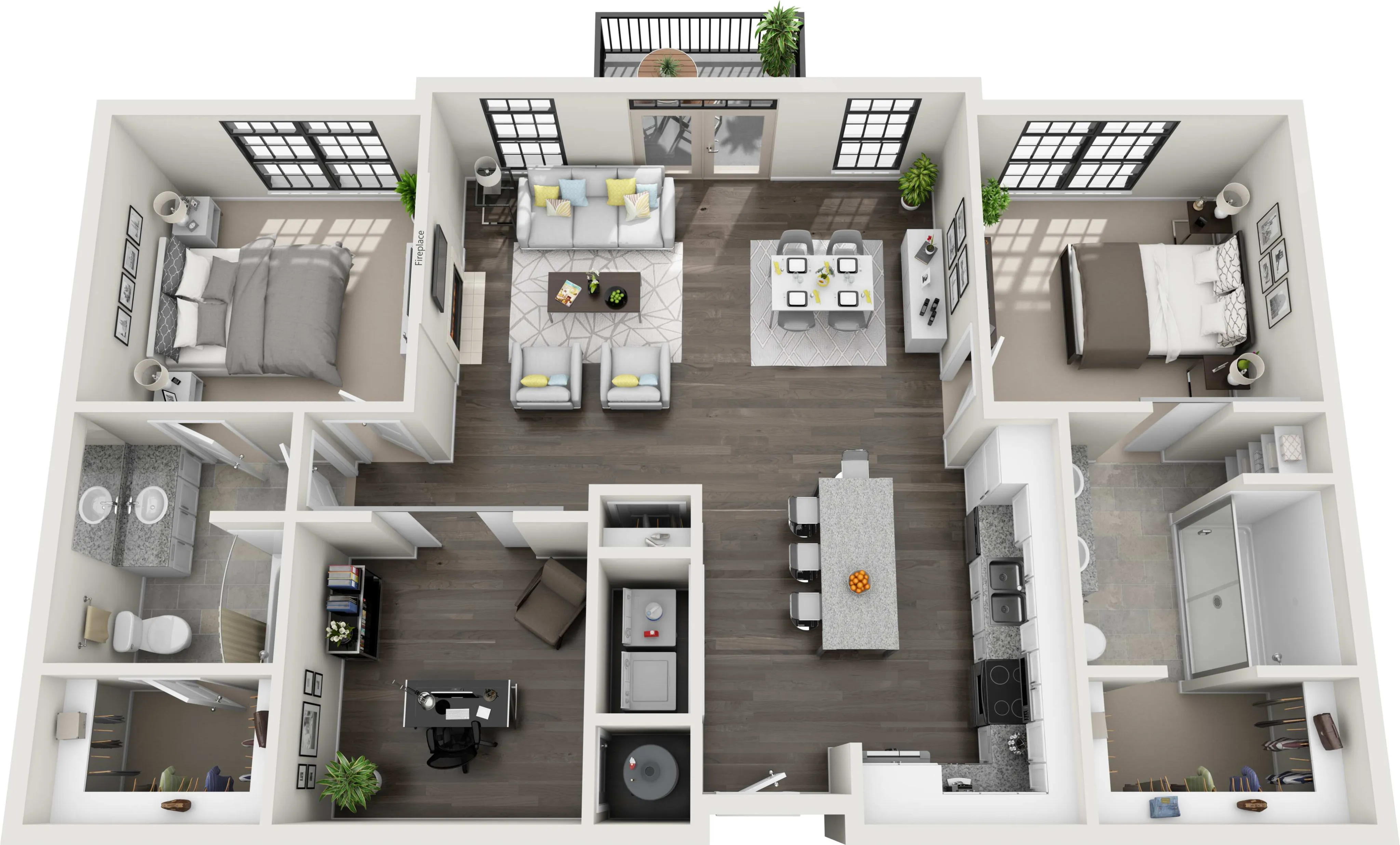 Elegant 3D floor plan showcasing two spacious bedrooms, modern open-concept living and dining area, gourmet kitchen, and a stylish study room.