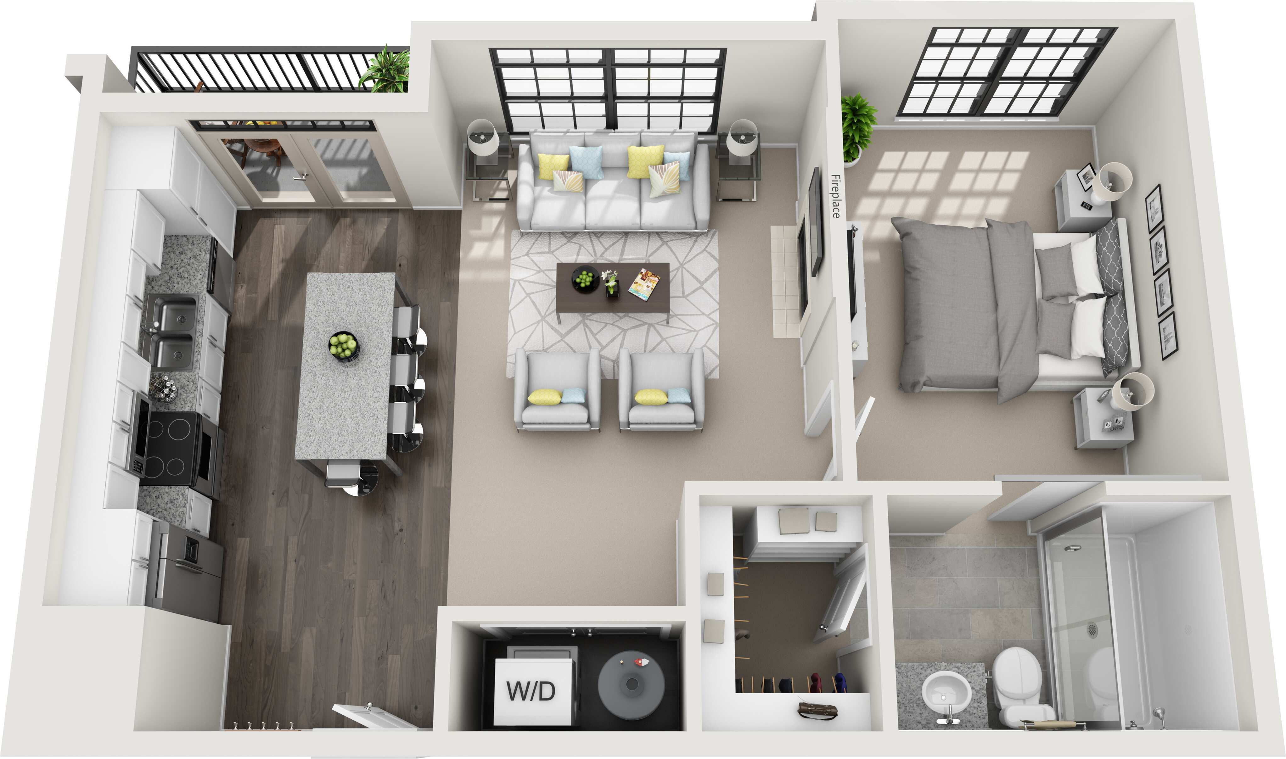 Chic 3D floor plan showcasing a modern 1-bedroom apartment with an open kitchen, cozy living room with fireplace, and stylish bathroom. Includes in-unit washer and dryer.