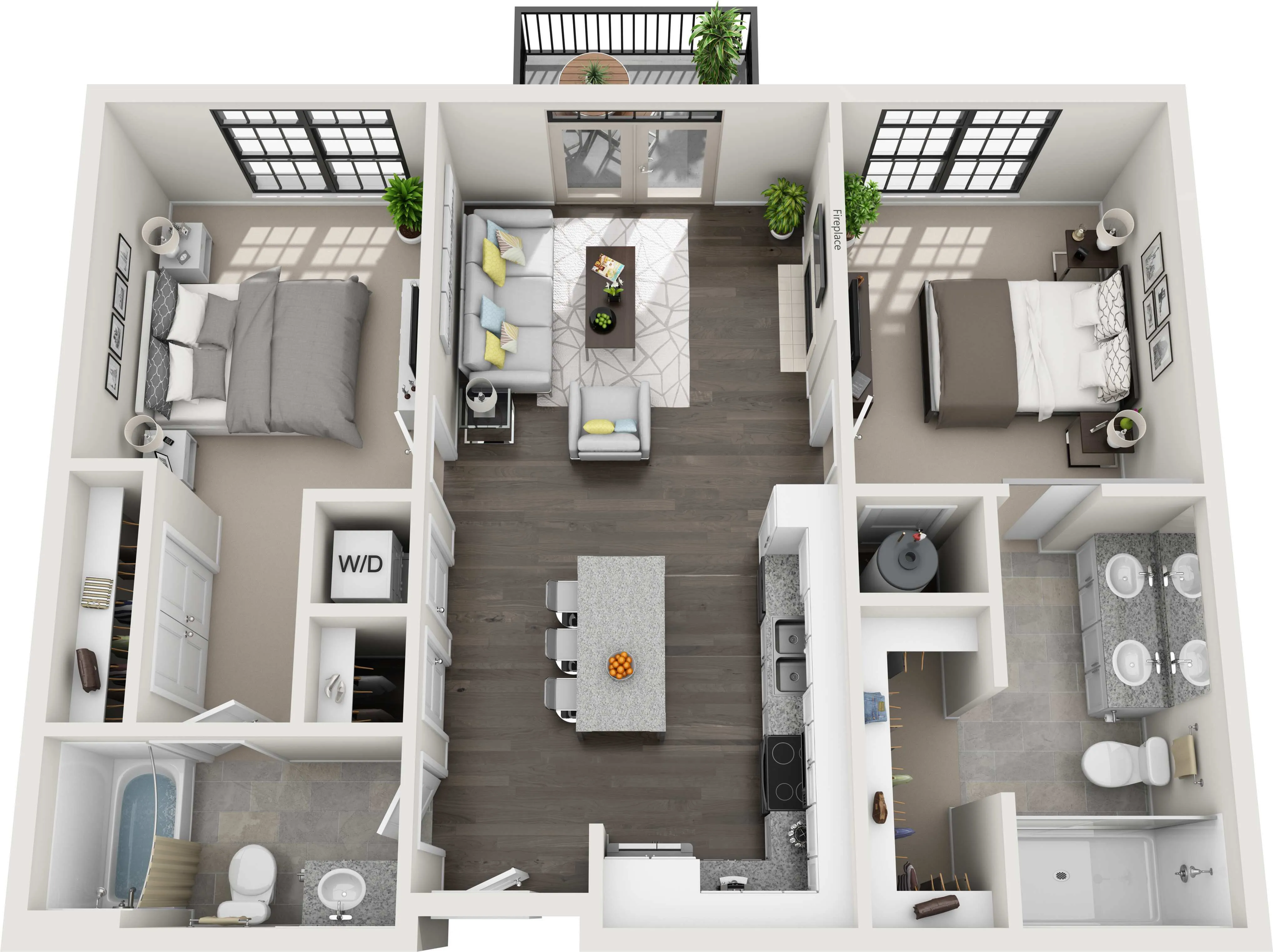 Modern 3D floor plan showcasing 2 bedrooms, a cozy living area, an open kitchen with island seating, and a dual-sink bathroom, complete with balcony views.