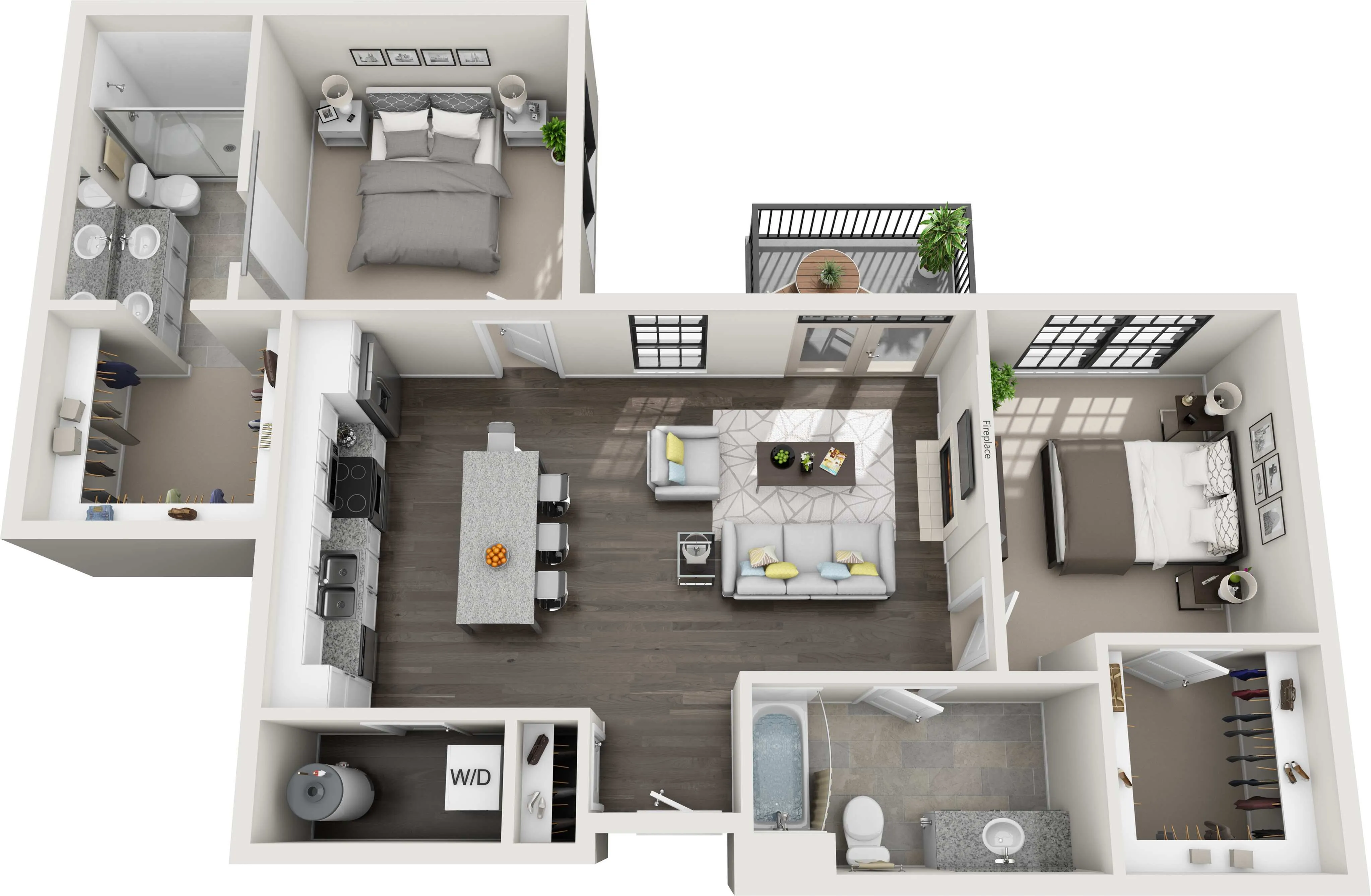 Modern apartment floor plan featuring 2 spacious bedrooms, open-concept living and dining area, sleek kitchen with island, dual bathrooms, and a cozy balcony.