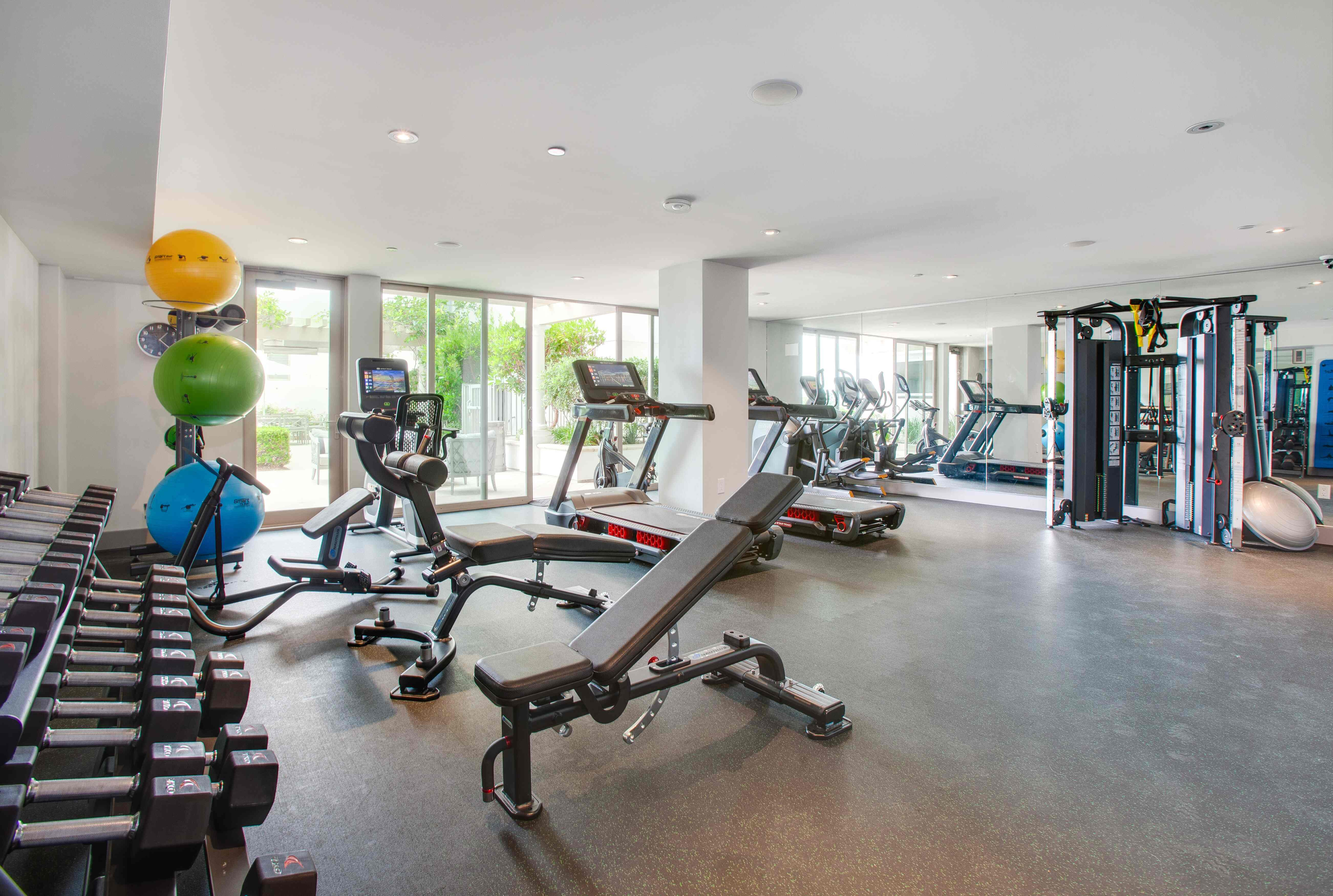 Modern gym with state-of-the-art equipment, featuring treadmills, weights, and exercise balls in a bright, spacious setting.