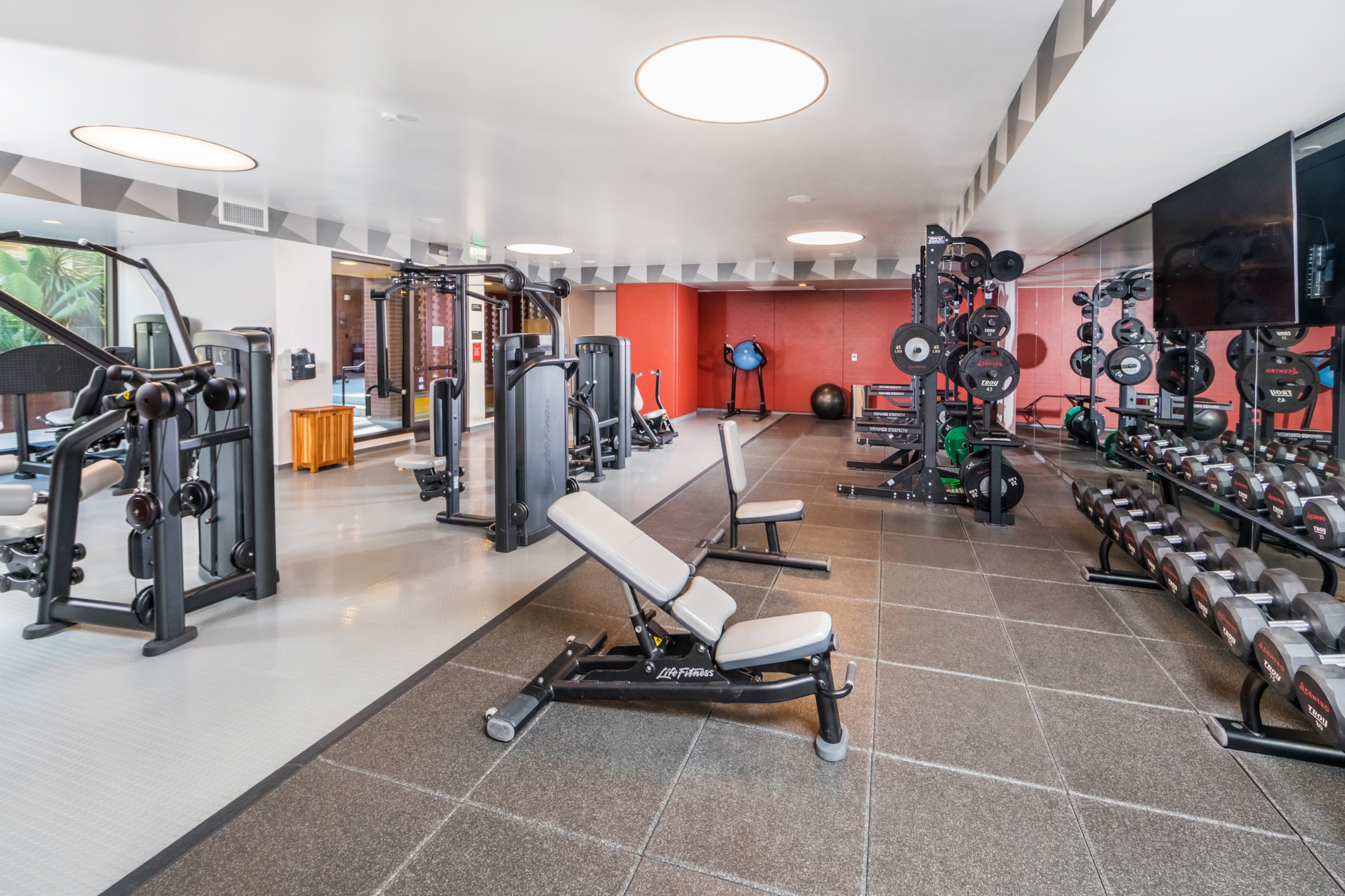 Modern fitness center equipped with state-of-the-art gym equipment, bright lighting, and a spacious layout for an optimal workout experience.