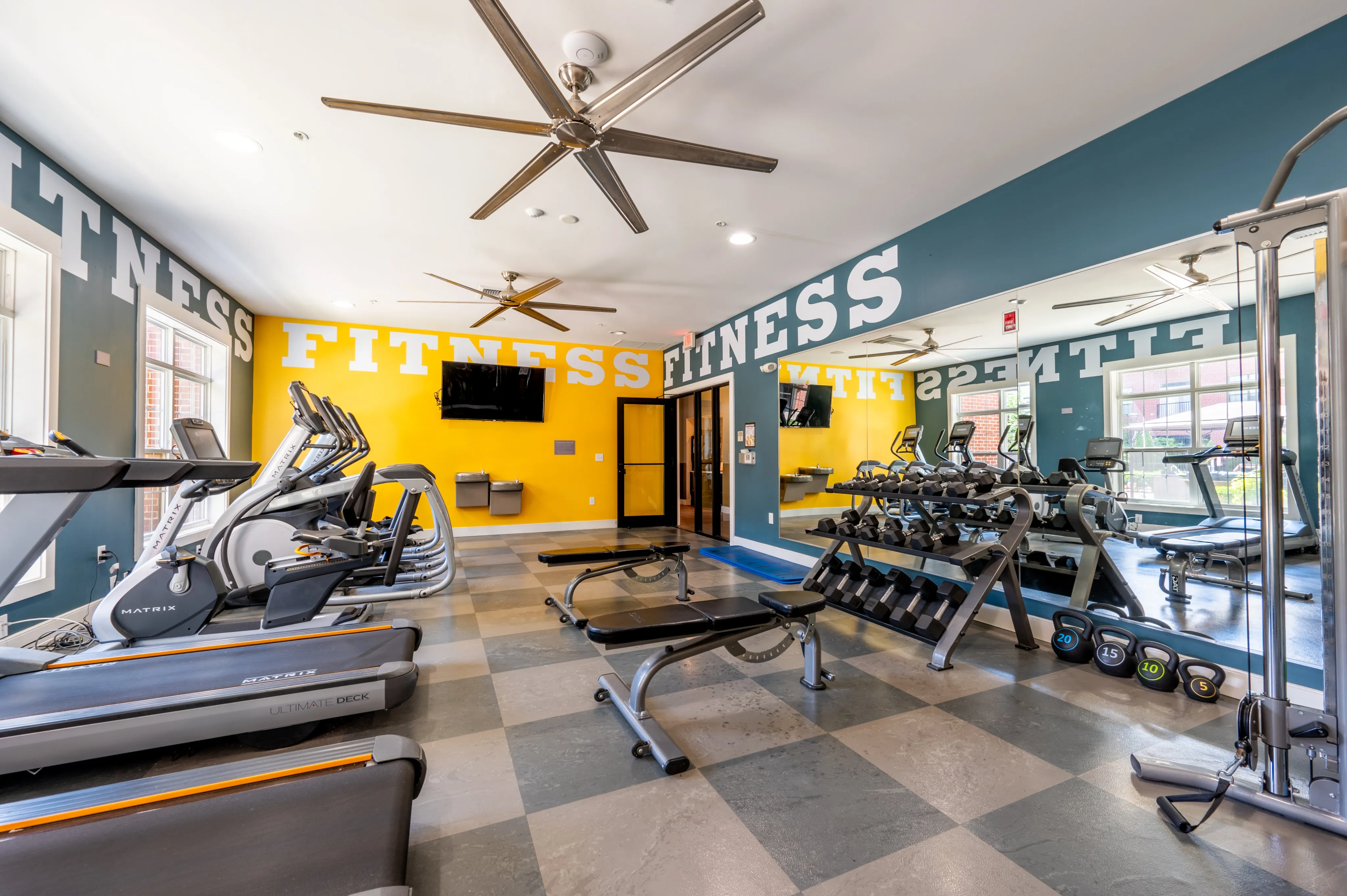 Modern fitness center with state-of-the-art equipment including treadmills, exercise bikes, weights, and vibrant decor.