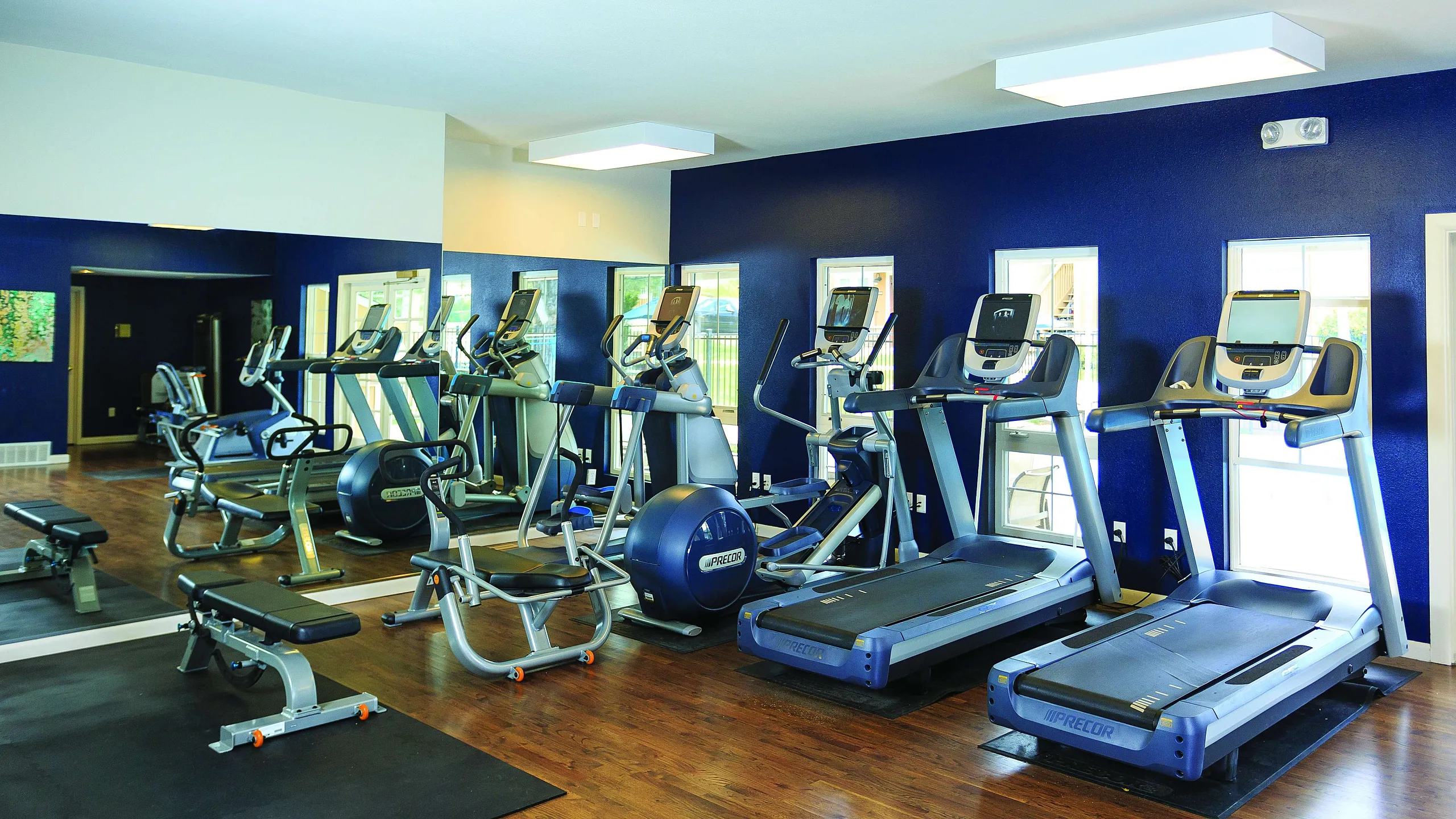 Modern fitness center with state-of-the-art treadmills, elliptical machines, and a sleek blue and white design.