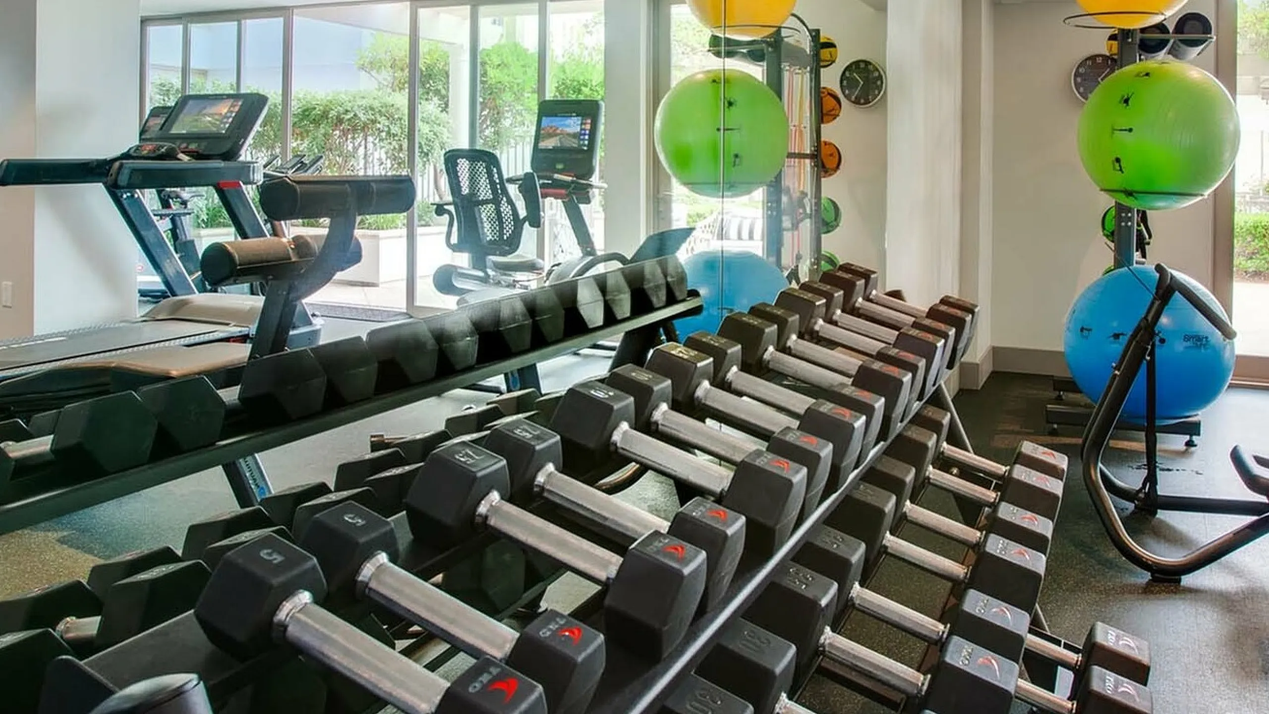 Modern fitness center with a variety of weights, cardio machines, and colorful exercise balls, surrounded by bright, floor-to-ceiling windows.