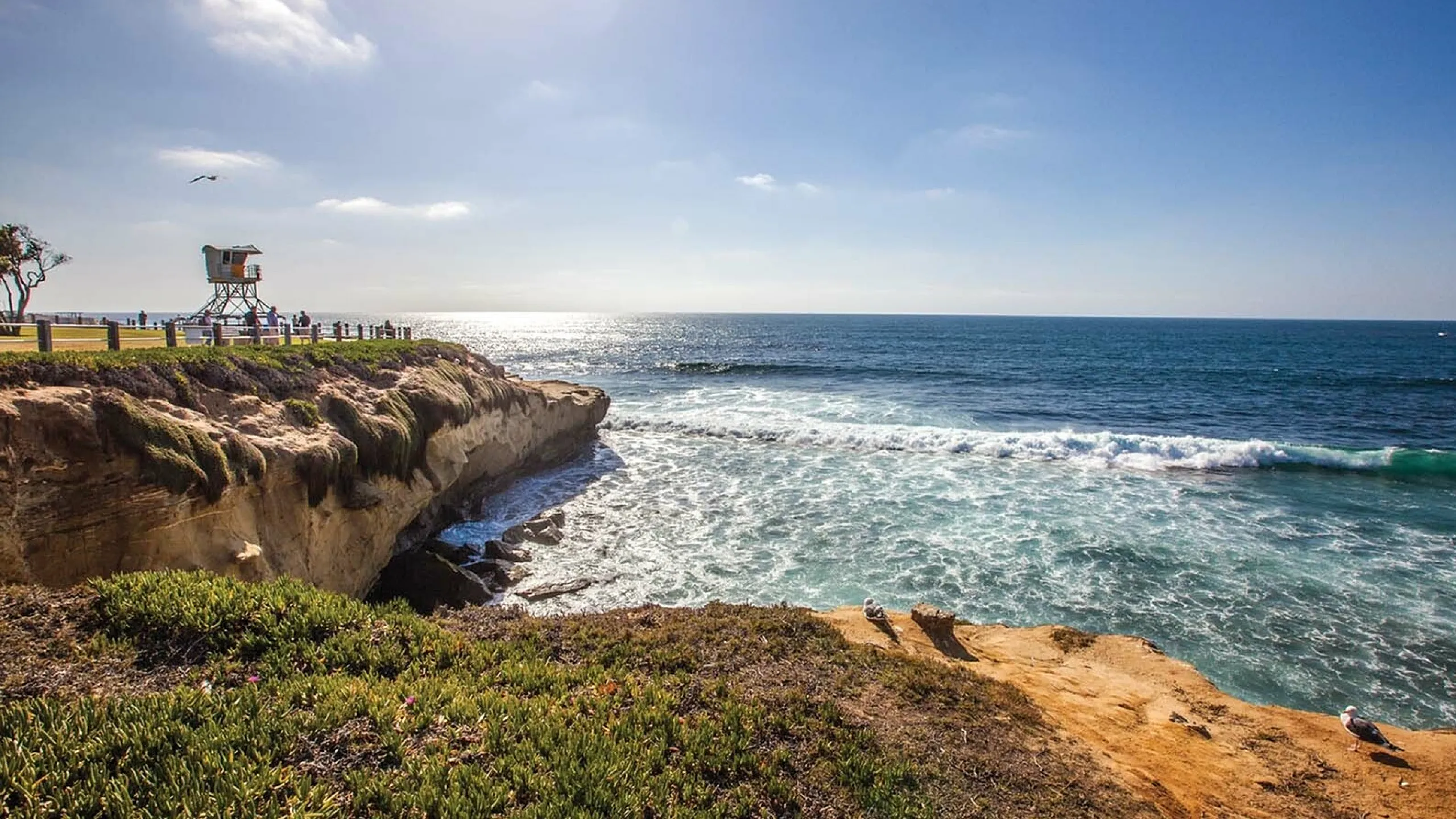 Breathtaking coastal view featuring stunning ocean waves, rocky cliffs, lush greenery, and a charming lookout tower under a clear blue sky.
