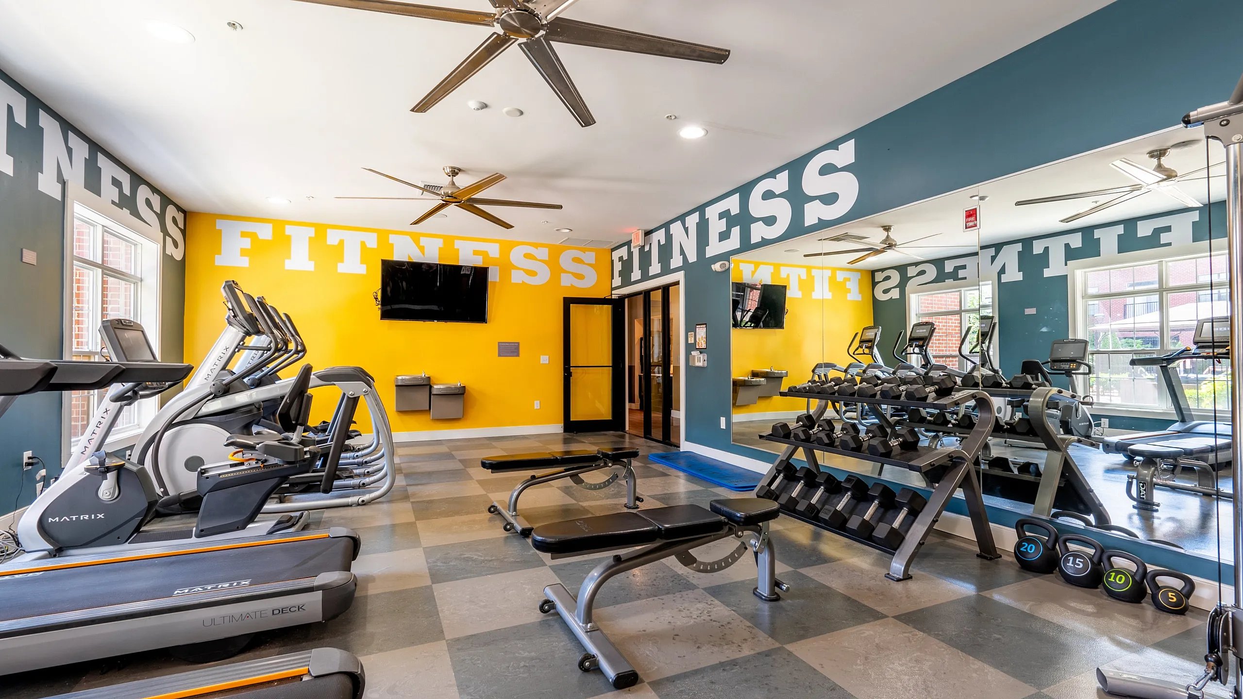 Vibrant fitness center with modern cardio equipment, weight racks, and bright motivational decor.