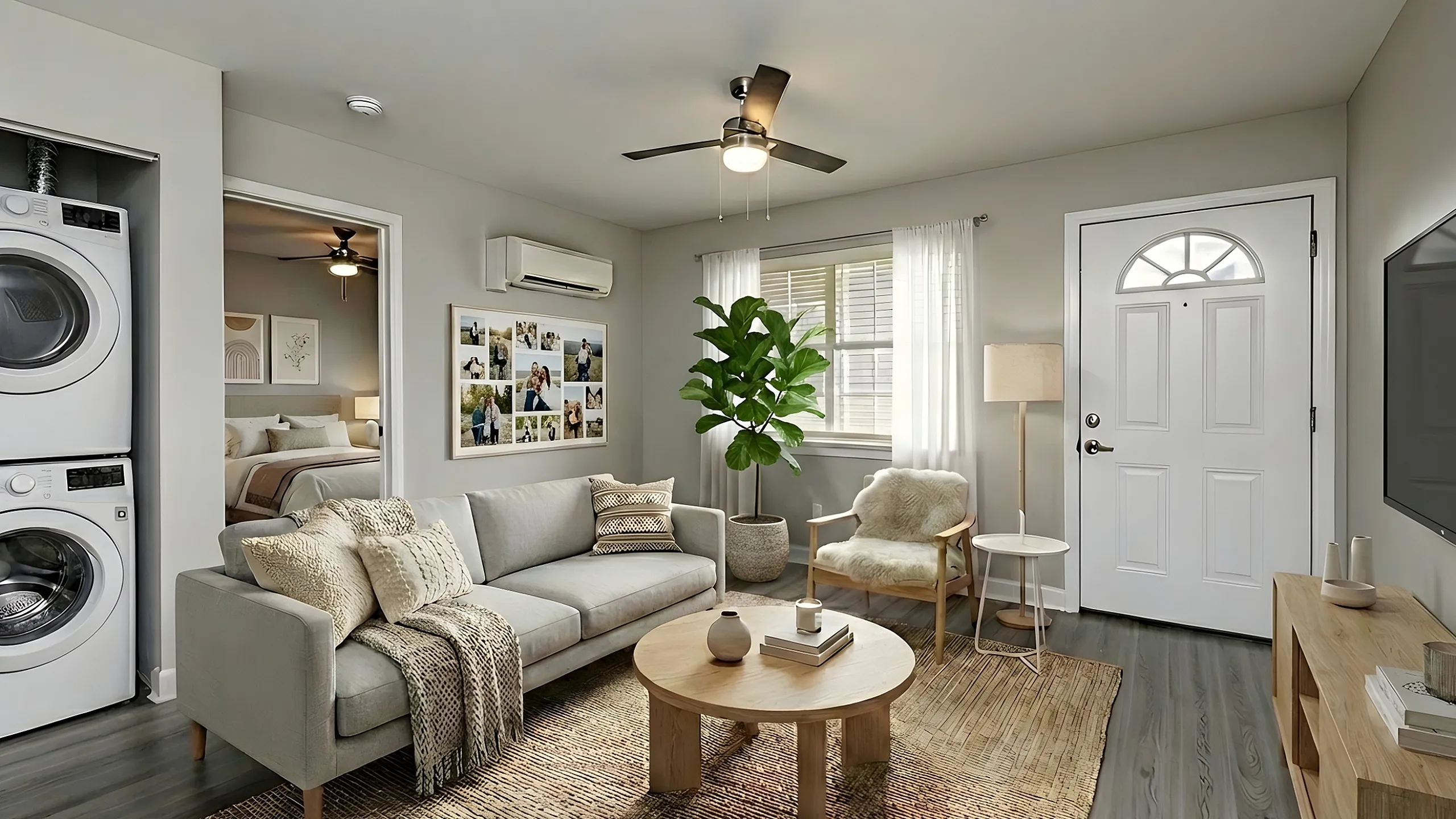 Chic living room featuring cozy seating, a stylish coffee table, and natural light accentuating modern decor.