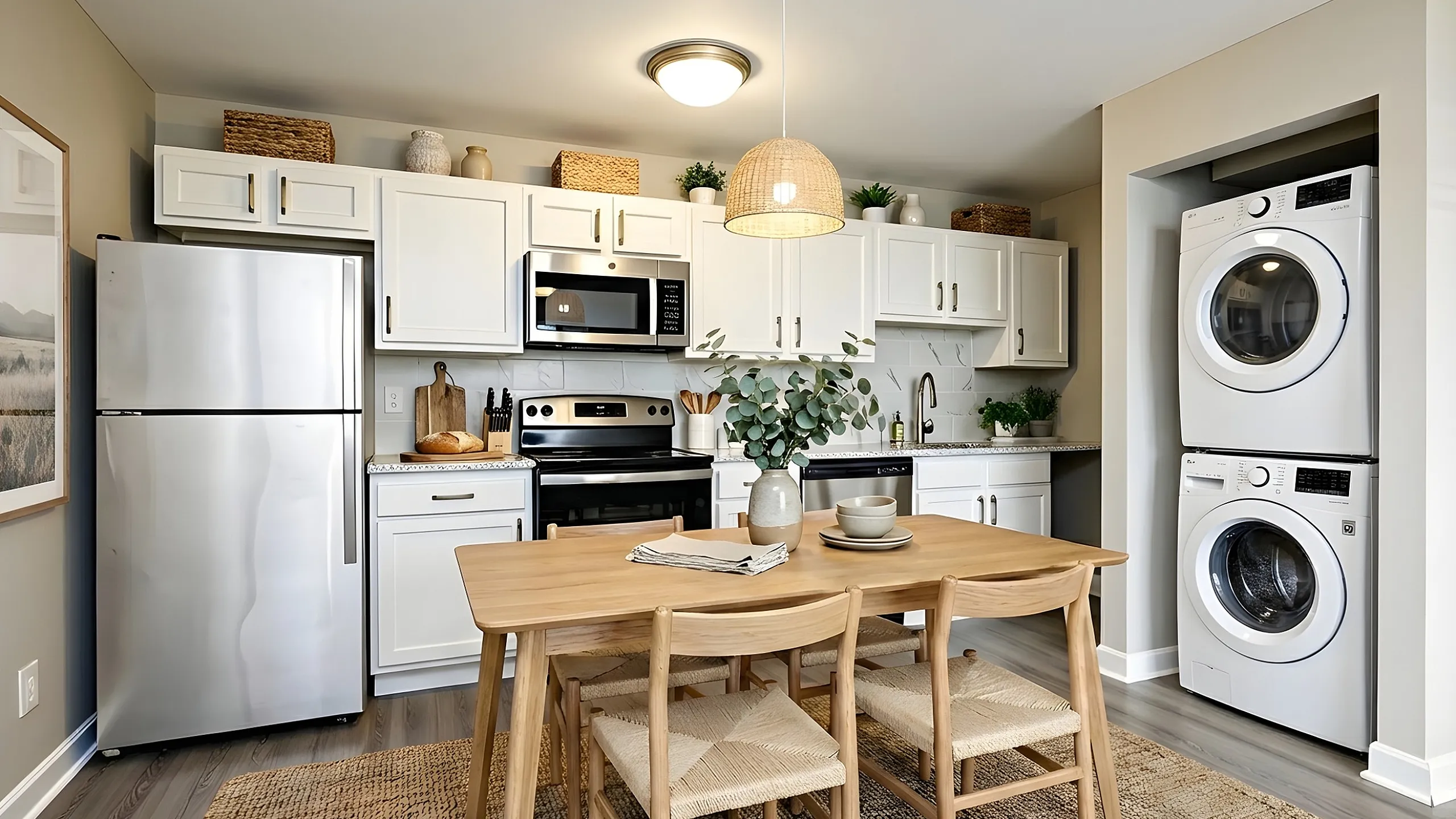 Modern kitchen with stainless steel appliances, elegant white cabinetry, a cozy dining area with wooden furniture, and in-unit laundry facilities in a stylish ambiance.