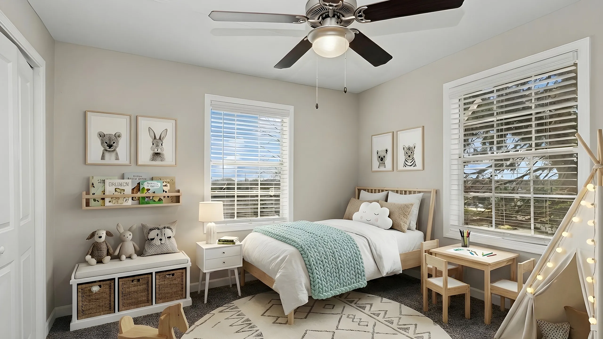 Charming kids' bedroom with cozy bed, knitted throw, playful wall art, and a whimsical teepee tent.