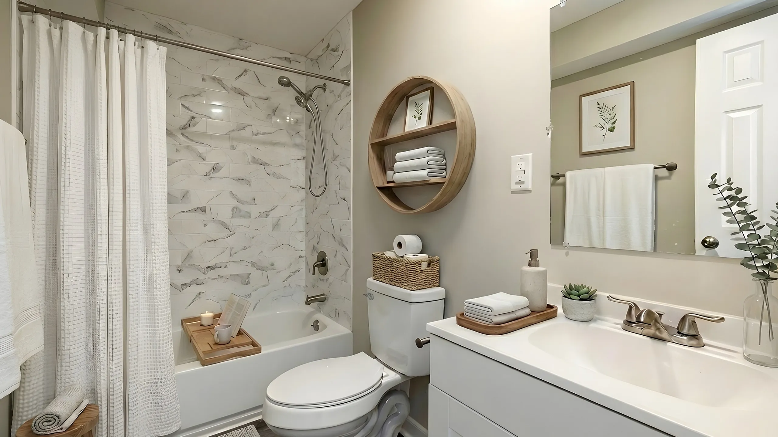 Chic bathroom with elegant marble tiles, cozy bathtub setup, and stylish wooden shelving for a serene retreat.