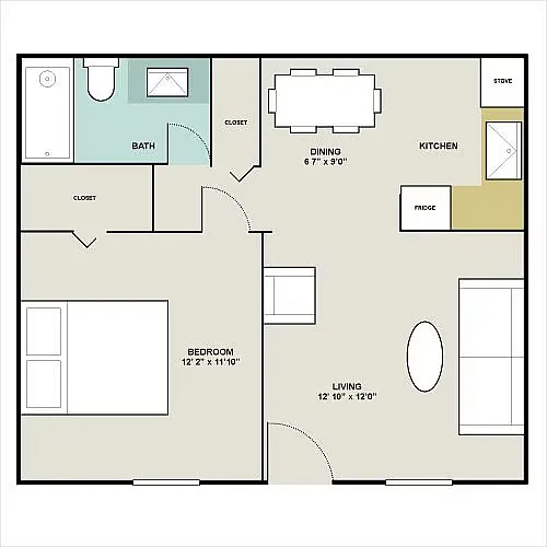 Livable and open 1-bedroom floor plan featuring a modern kitchen, open-concept dining area, spacious living room, and a well-appointed bathroom.