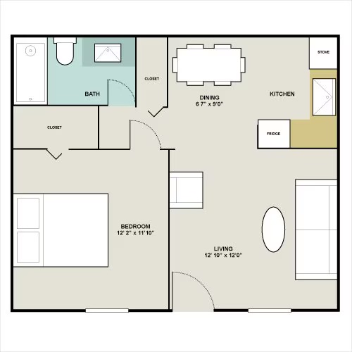 Livable and open 1-bedroom floor plan featuring a modern kitchen, open-concept dining area, spacious living room, and a well-appointed bathroom.