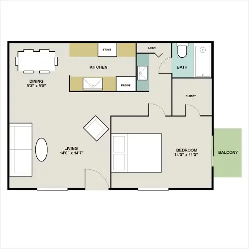 Chic 1-bedroom apartment floor plan with open-concept living and dining area, fully equipped kitchen, and inviting balcony attached to the bedroom.