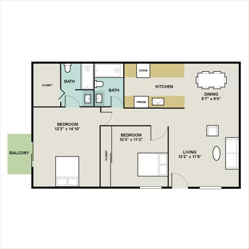 Stylish floor plan showcasing 2 bedrooms, 2 bathrooms, a modern kitchen, dining area, living room, and balcony.