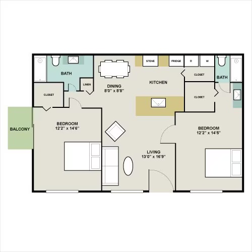 Modern apartment floor plan featuring 2 spacious bedrooms, 2 bathrooms, open living and dining area, kitchen with appliances, and a private balcony.