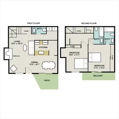 Inviting two-story floor plan with 2 bedrooms, open living area, and modern kitchen, featuring a patio and balcony.