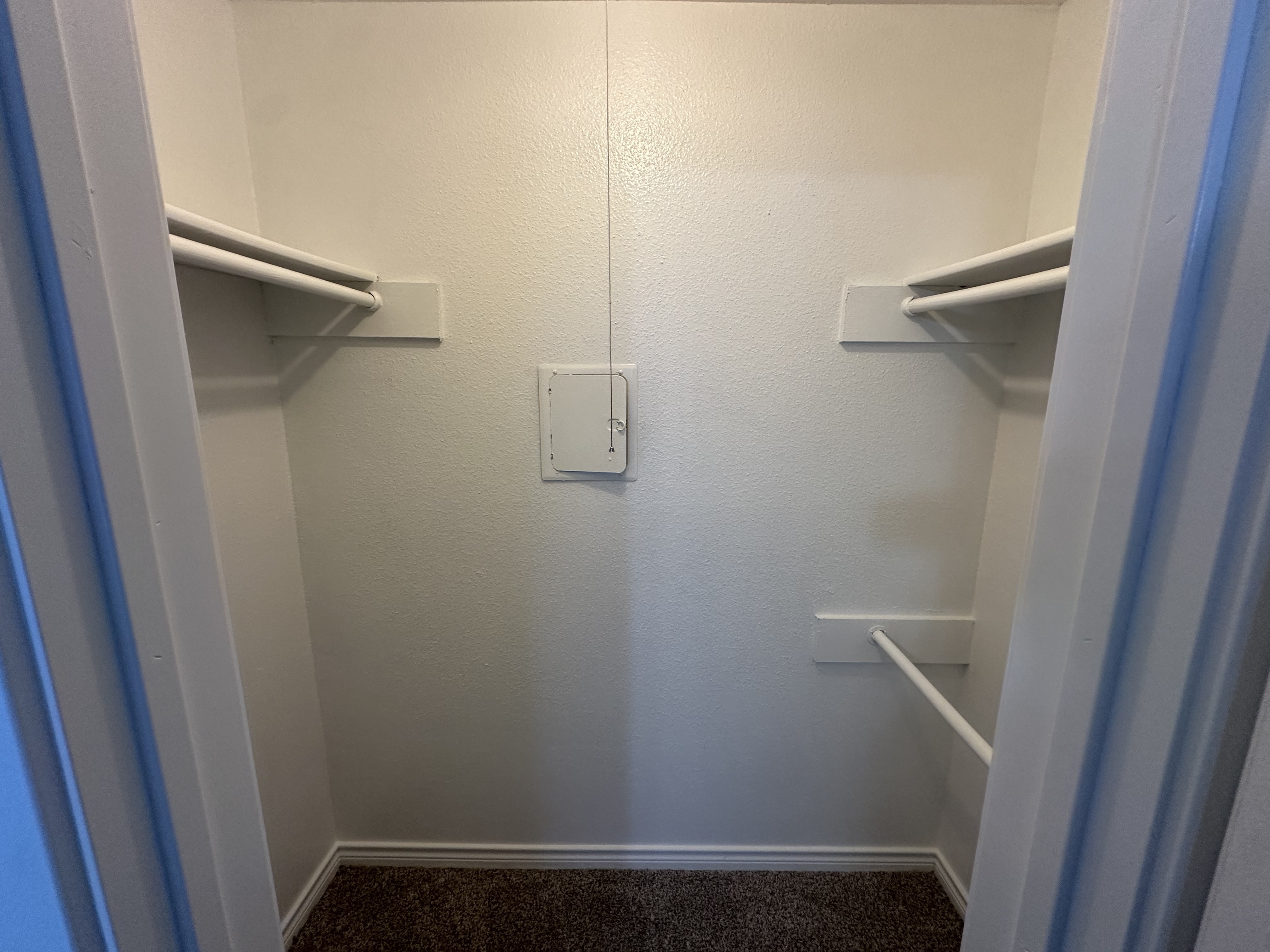 Spacious walk-in closet with three hanging rods and plush carpeting, perfect for organized living.