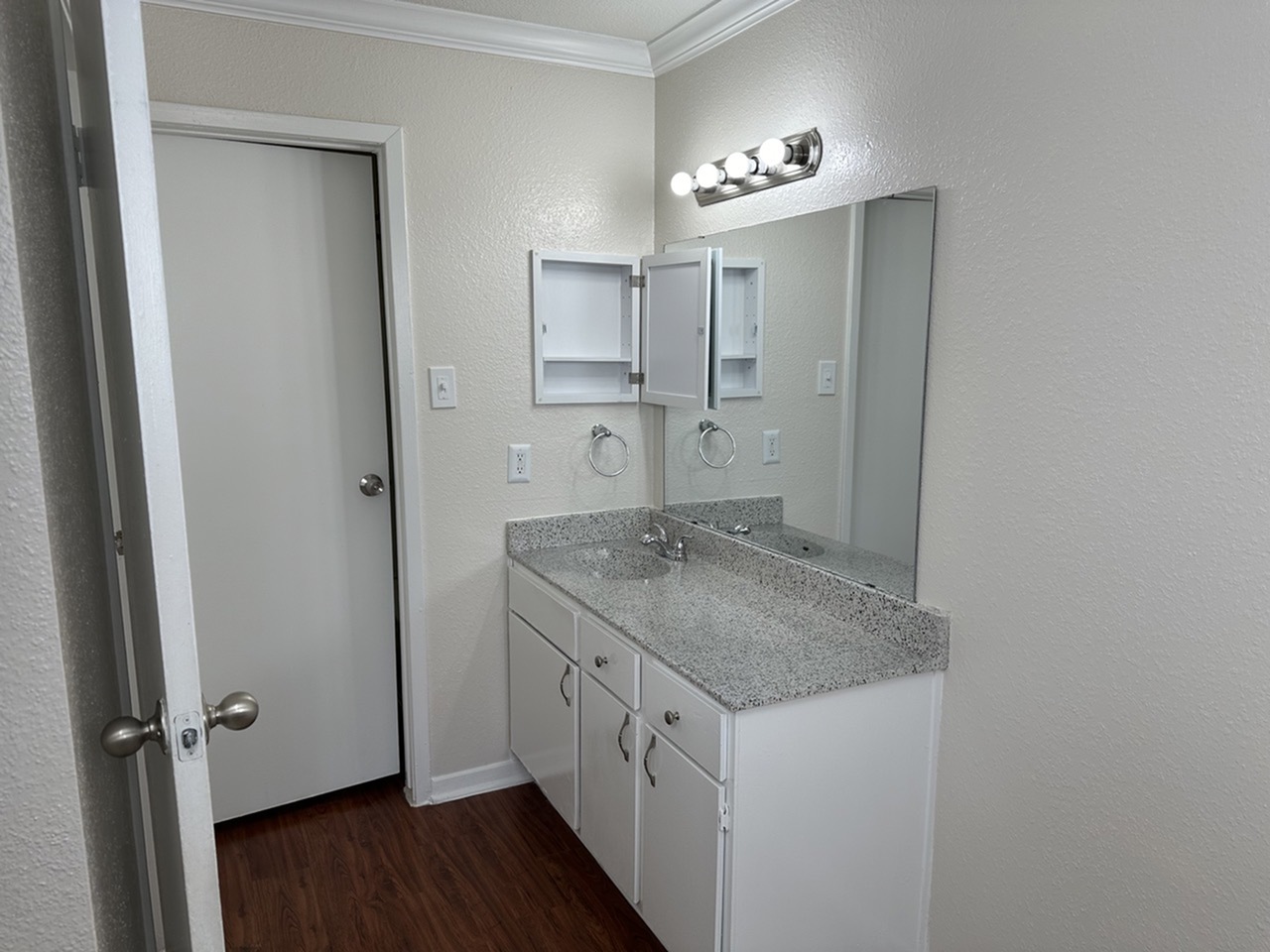 Modern bathroom with sleek countertop, spacious vanity, large mirror, and soft lighting fixtures.