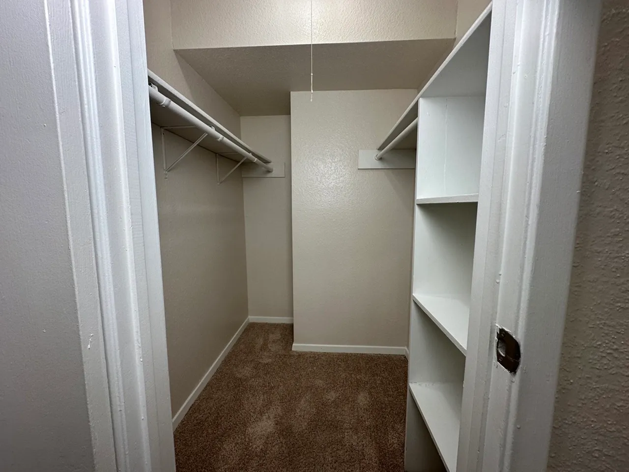 Spacious walk-in closet with built-in shelving and carpet, ideal for organized storage in a modern apartment.