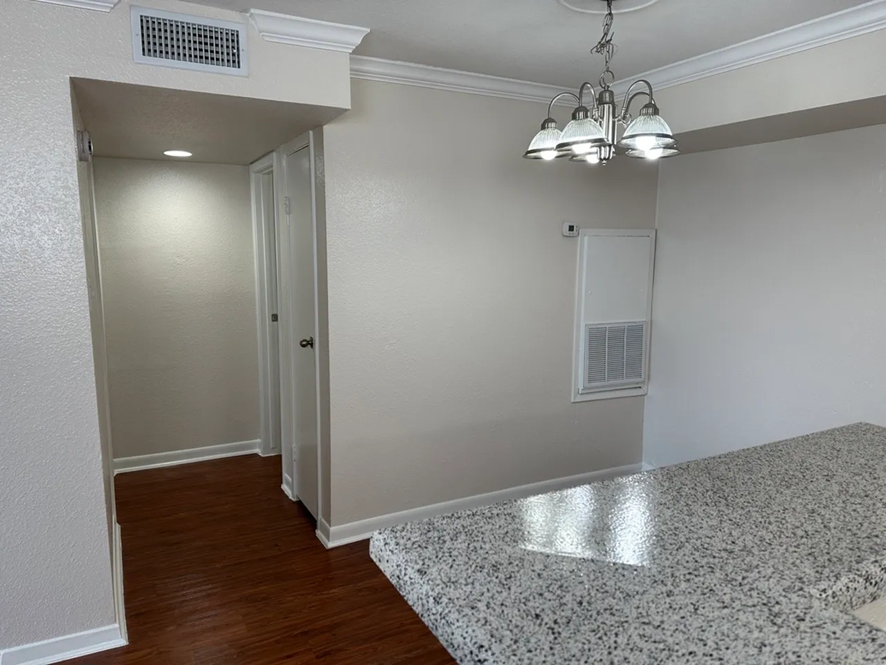 Bright apartment hallway with elegant lighting, featuring polished wood flooring and a sleek, modern countertop.