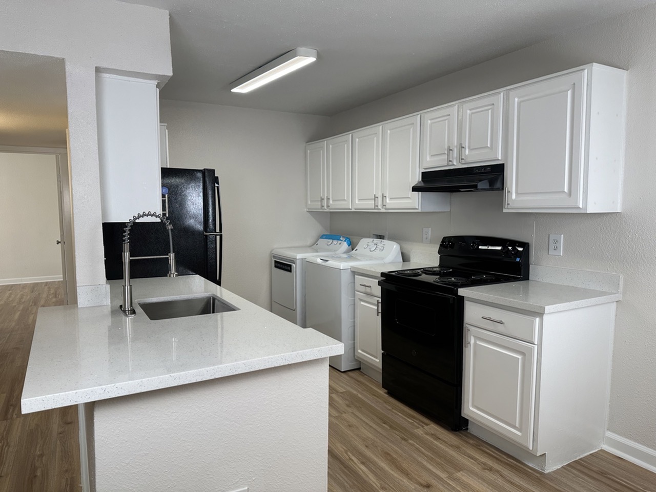 Sleek modern kitchen with white cabinetry and black appliances, featuring a spacious quartz countertop and built-in washing facilities.