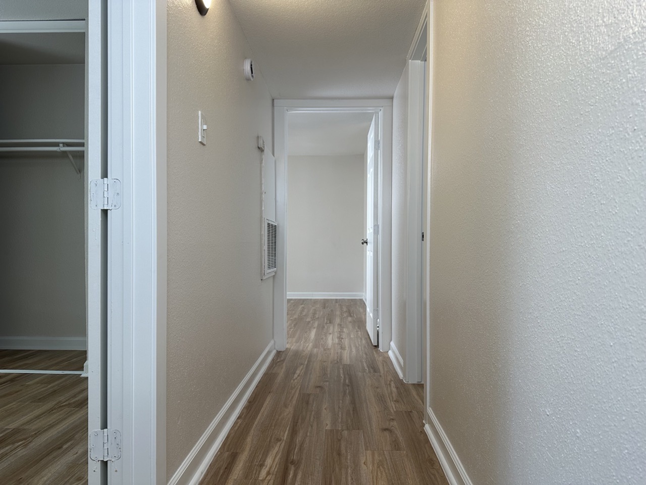 Inviting hallway with elegant wood-style flooring and contemporary lighting, leading to a spacious closet.