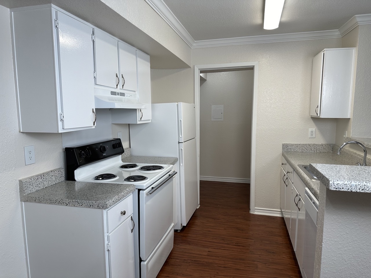 Modern kitchen with sleek white cabinetry, elegant countertops, and wood-style flooring.