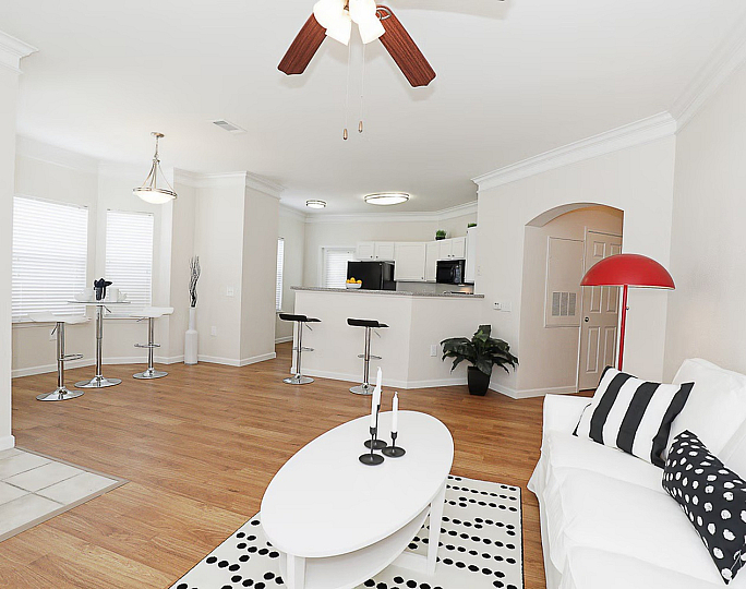 Modern apartment living area with wood floors, cozy white sofa, and chic kitchen bar. Bright and welcoming open-concept design with contemporary decor accents.