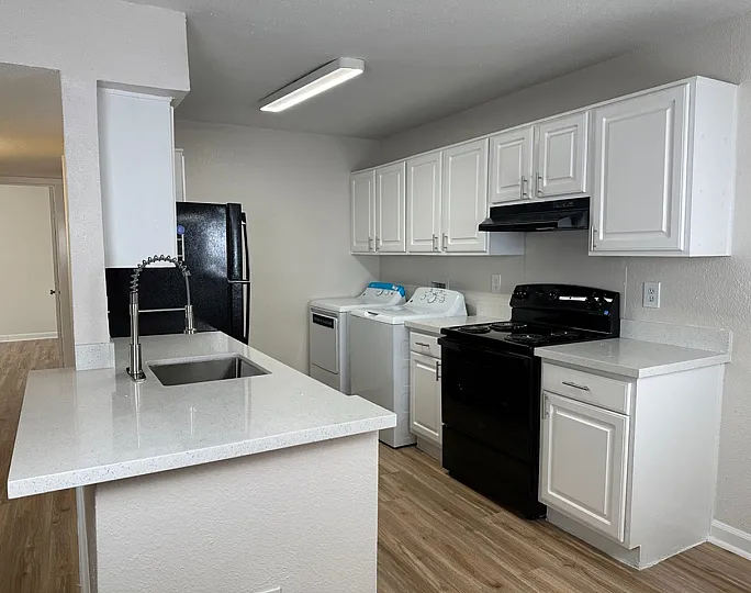 Modern kitchen with sleek white cabinetry, black appliances, and an elegant quartz countertop with built-in sink.