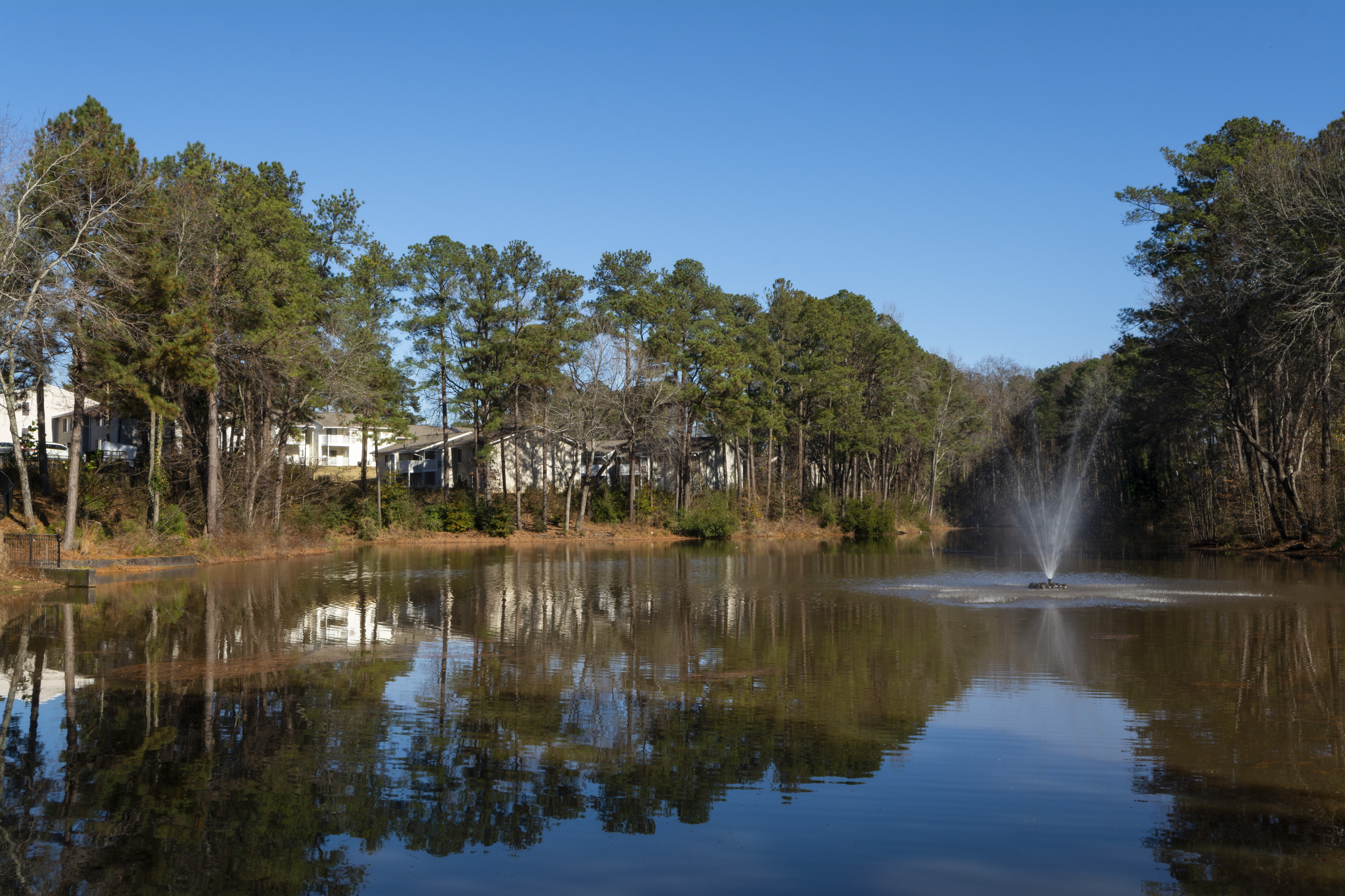 Charming lakeside apartments nestled among lush pine trees, featuring a serene fountain reflecting in the tranquil water under a clear blue sky.
