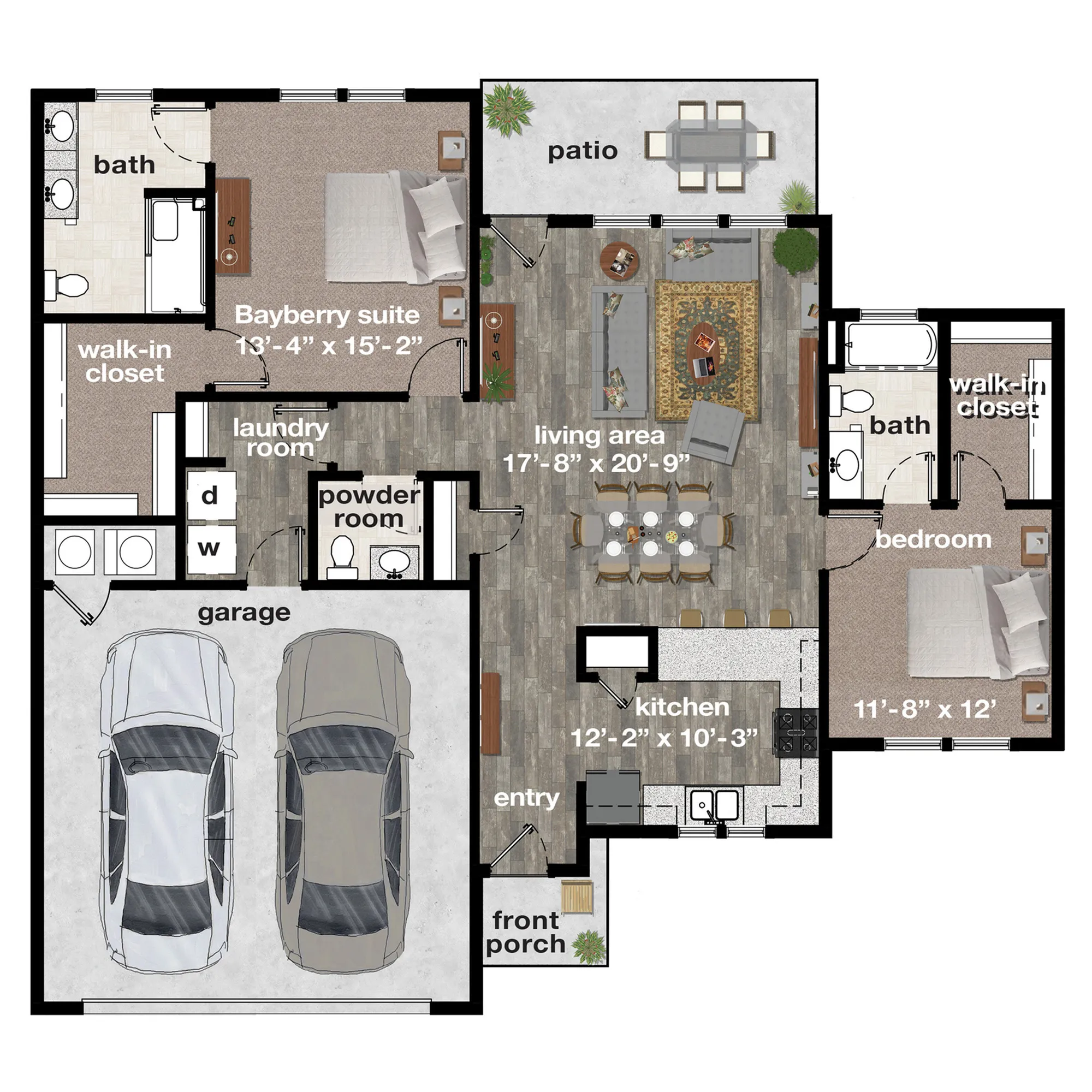The Bayberry Floor Plan at Redbud Commons | 2 Bedroom, 2.5 Baths, Attached Garage, Front and Rear Private Patios
