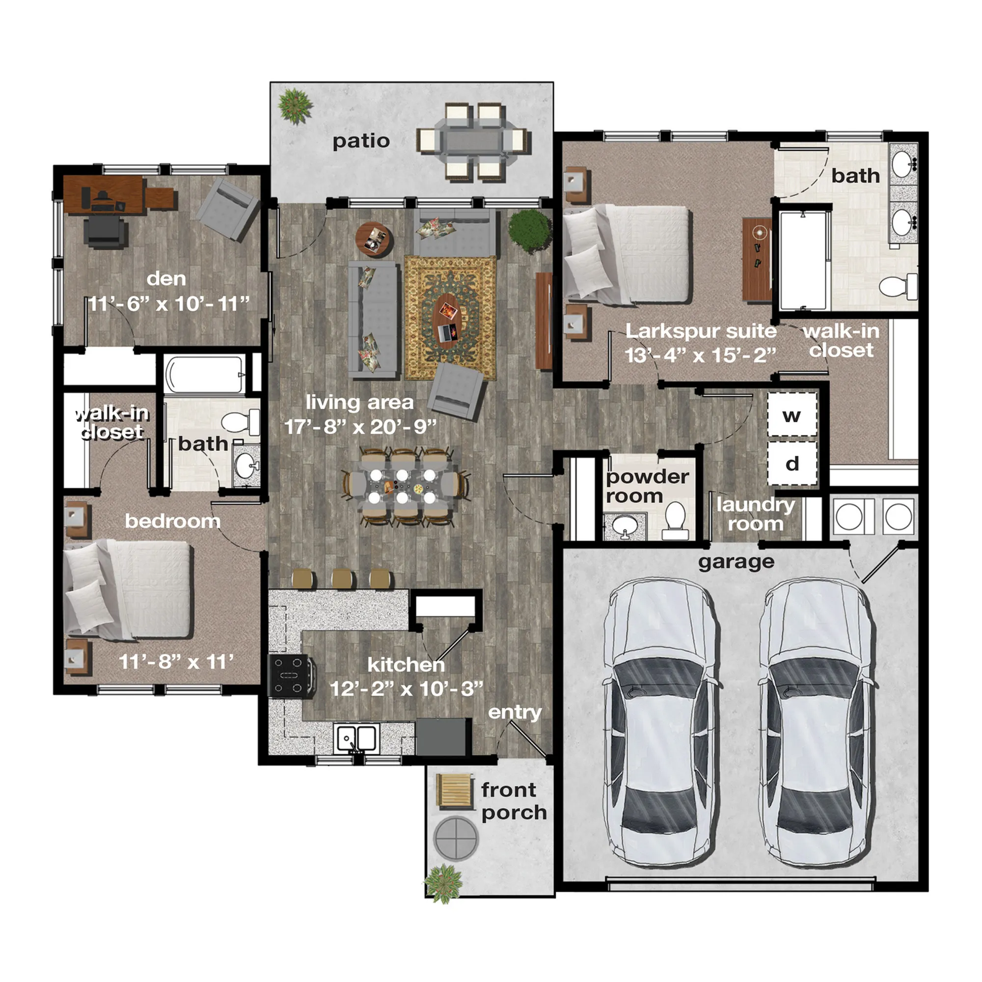 The Larkspur Floor Plan at Redbud Commons | 2 Bedroom, 2.5 Baths, Den, Attached Garage, Front and Rear Private Patios
