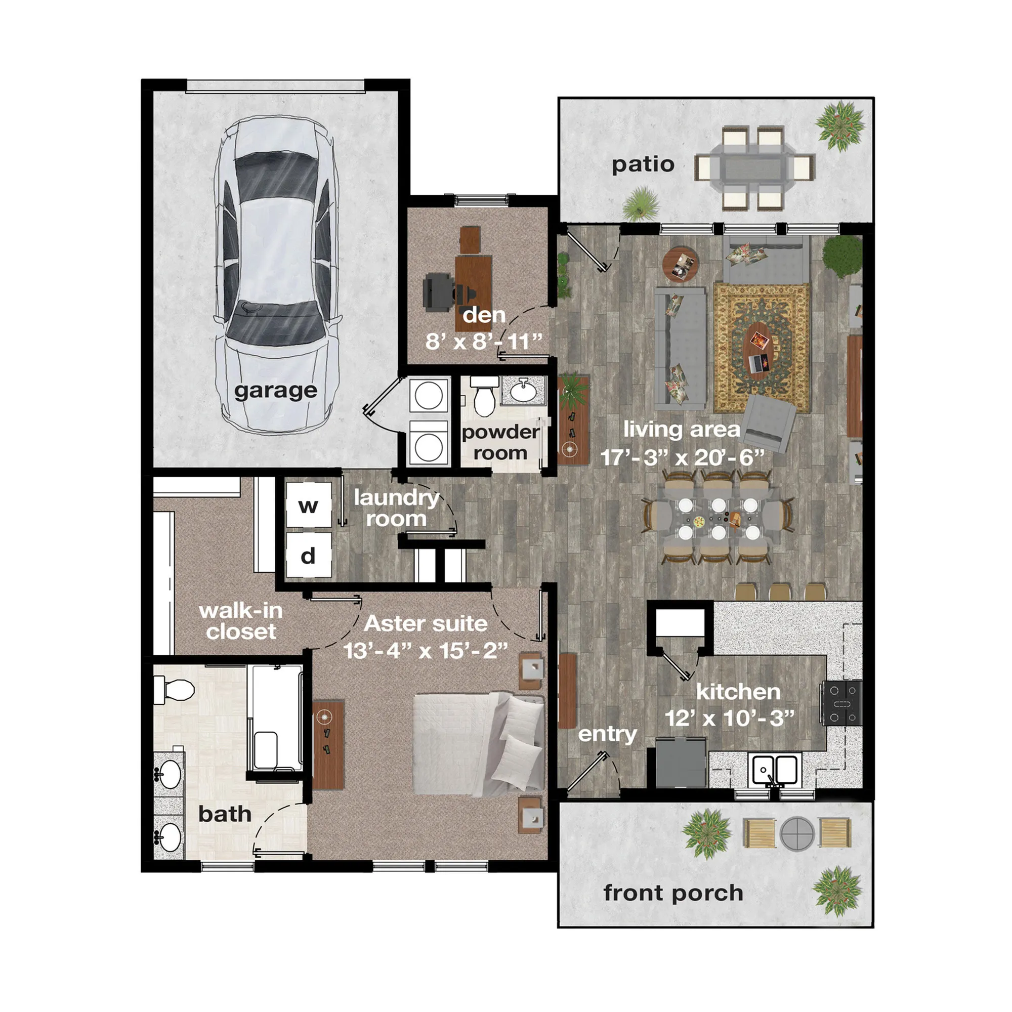 Modern floor plan featuring a spacious living area, elegant kitchen, Aster suite with walk-in closet, den, laundry room, bath, and inviting patio, complete with front porch and garage.