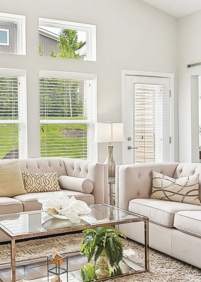 Elegant living room with plush beige sofas, large windows offering natural light, and a stylish glass coffee table adorned with greenery.