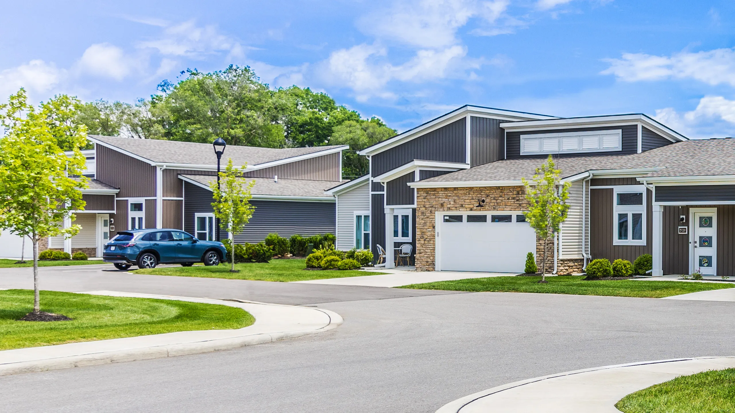 Elegant suburban homes with modern design, lush greenery, and spacious driveways under a bright blue sky.