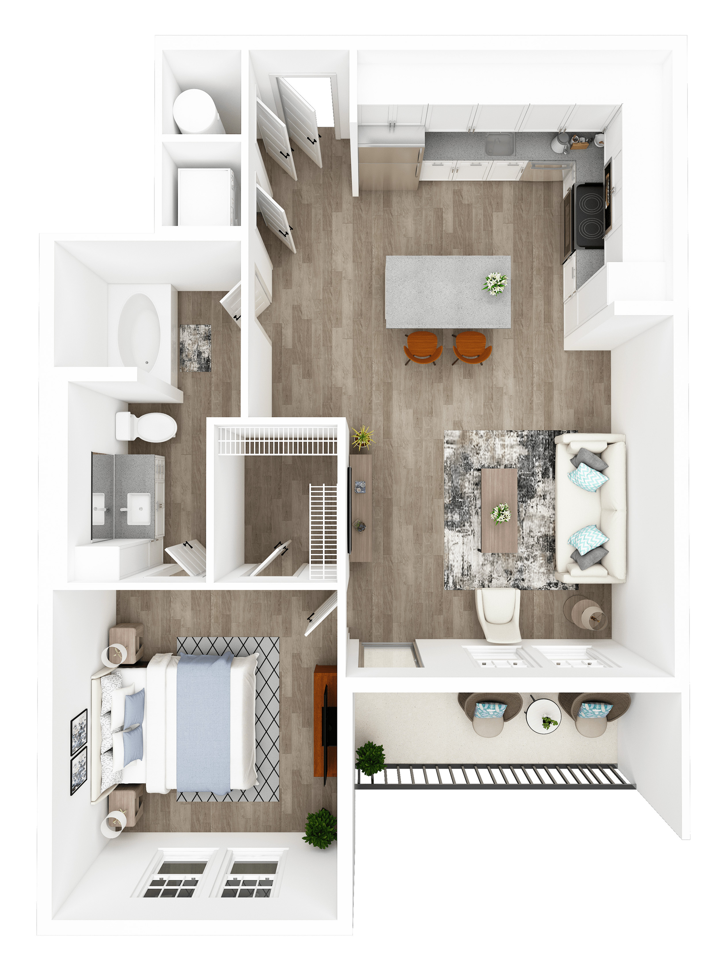 Chic 1-bedroom apartment floor plan with modern kitchen, inviting living area, stylish bathroom, and cozy balcony.