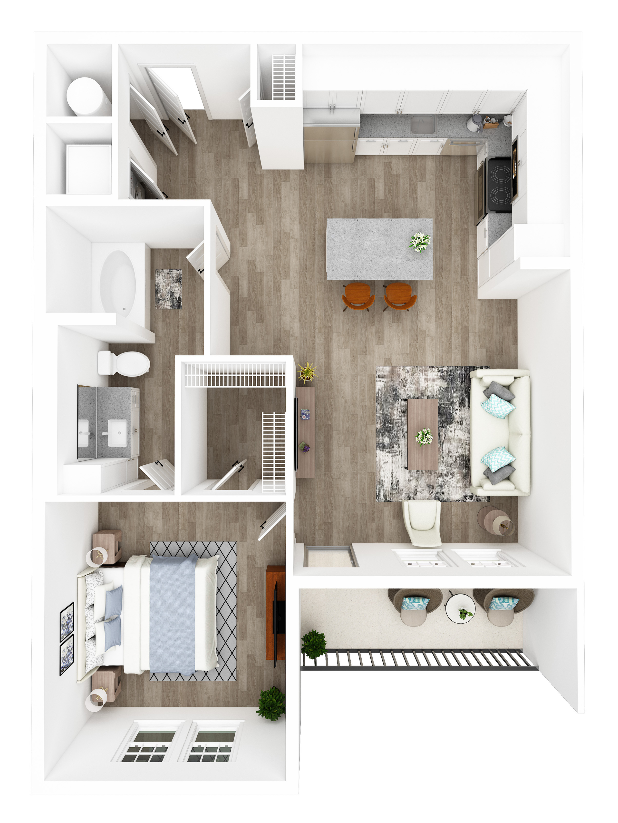 Modern 3D floor plan featuring a spacious 1 bedroom, elegant living area, contemporary kitchen with island, and stylish bath.