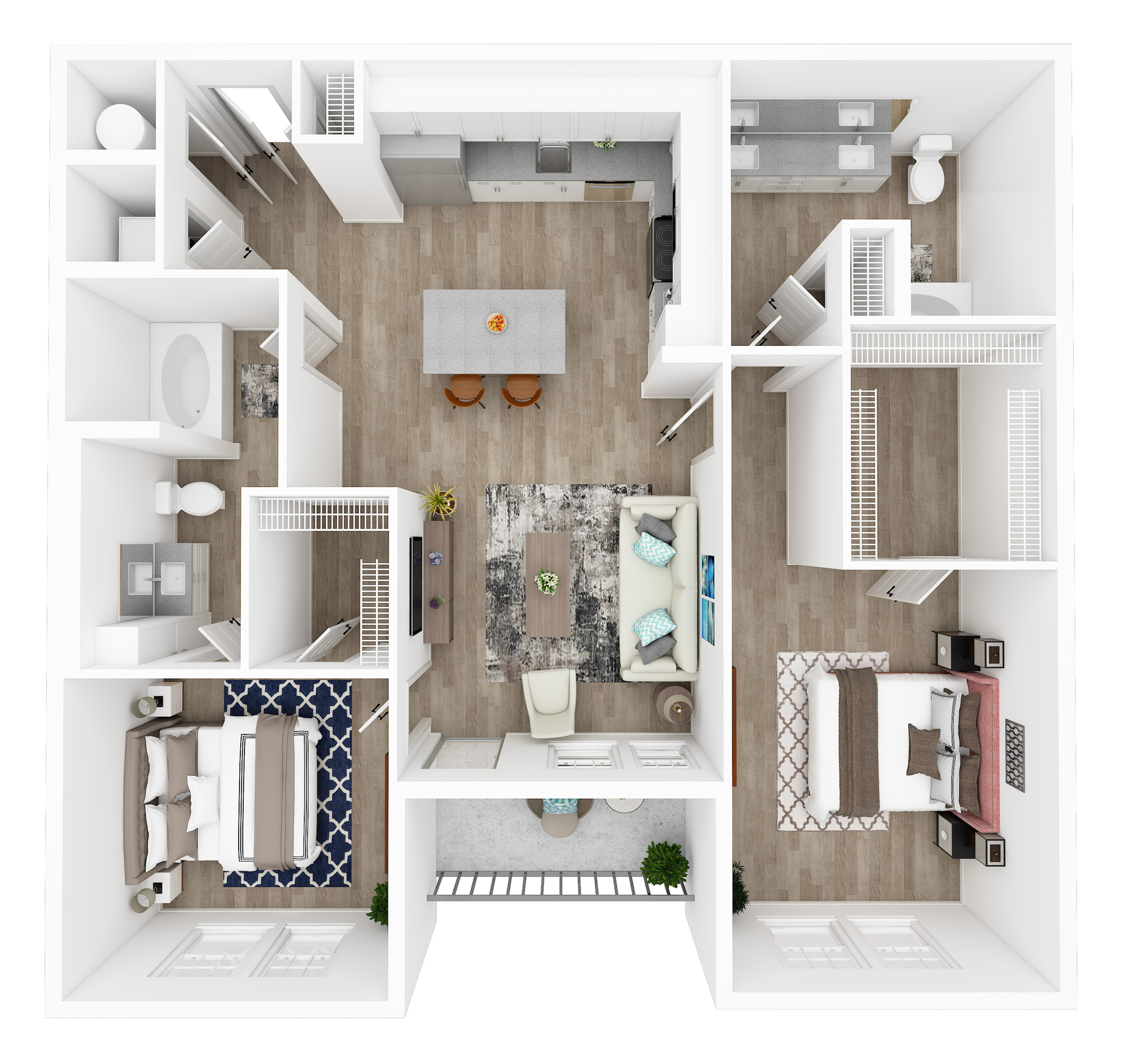 Contemporary 3D floor plan showcasing two elegant bedrooms, spacious open living area, and modern kitchen with an island, perfect for entertaining.