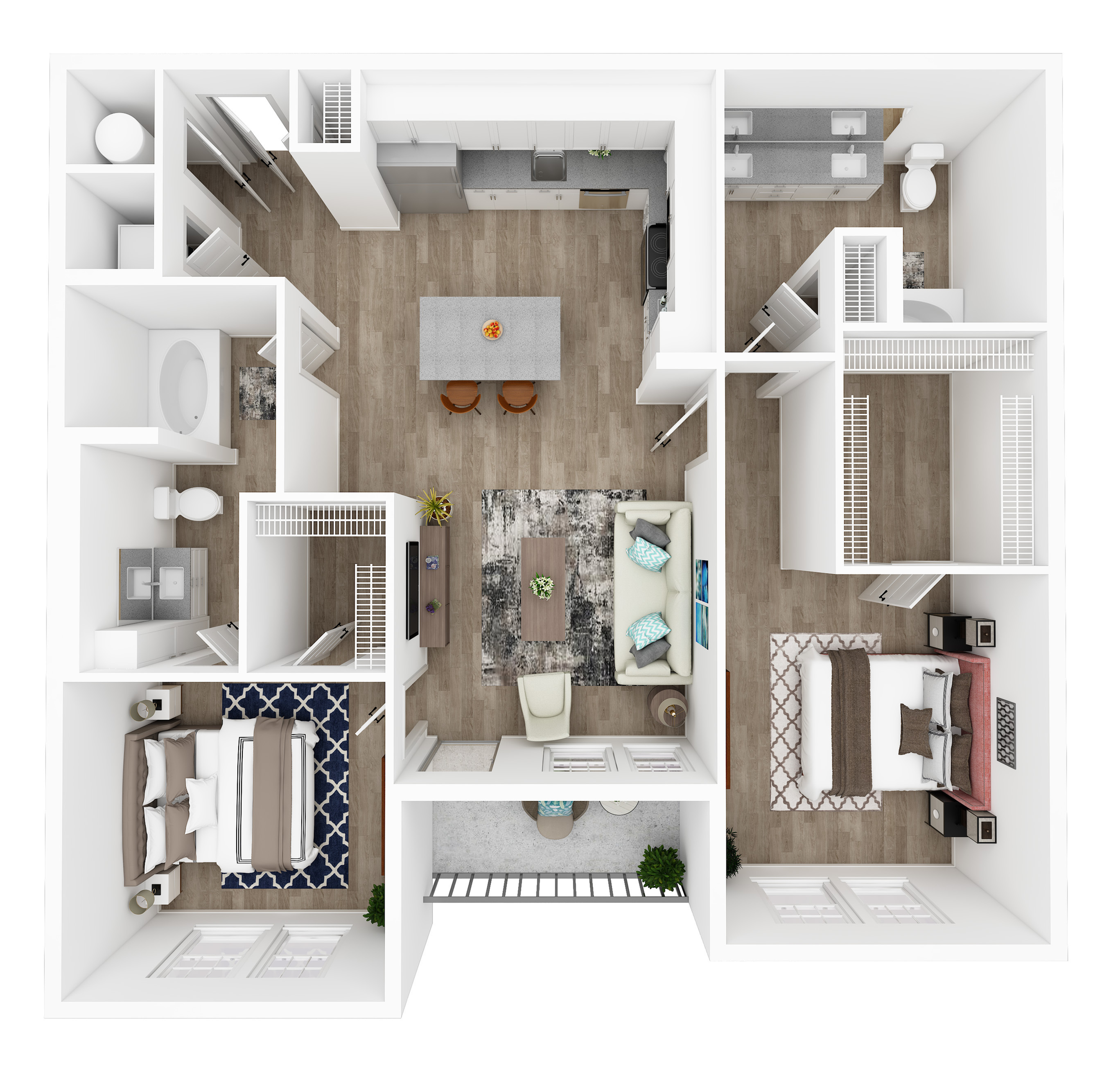 Contemporary open-concept floor plan illustrating two spacious bedrooms, a sleek kitchen with an island, cozy living area, and private balcony access.
