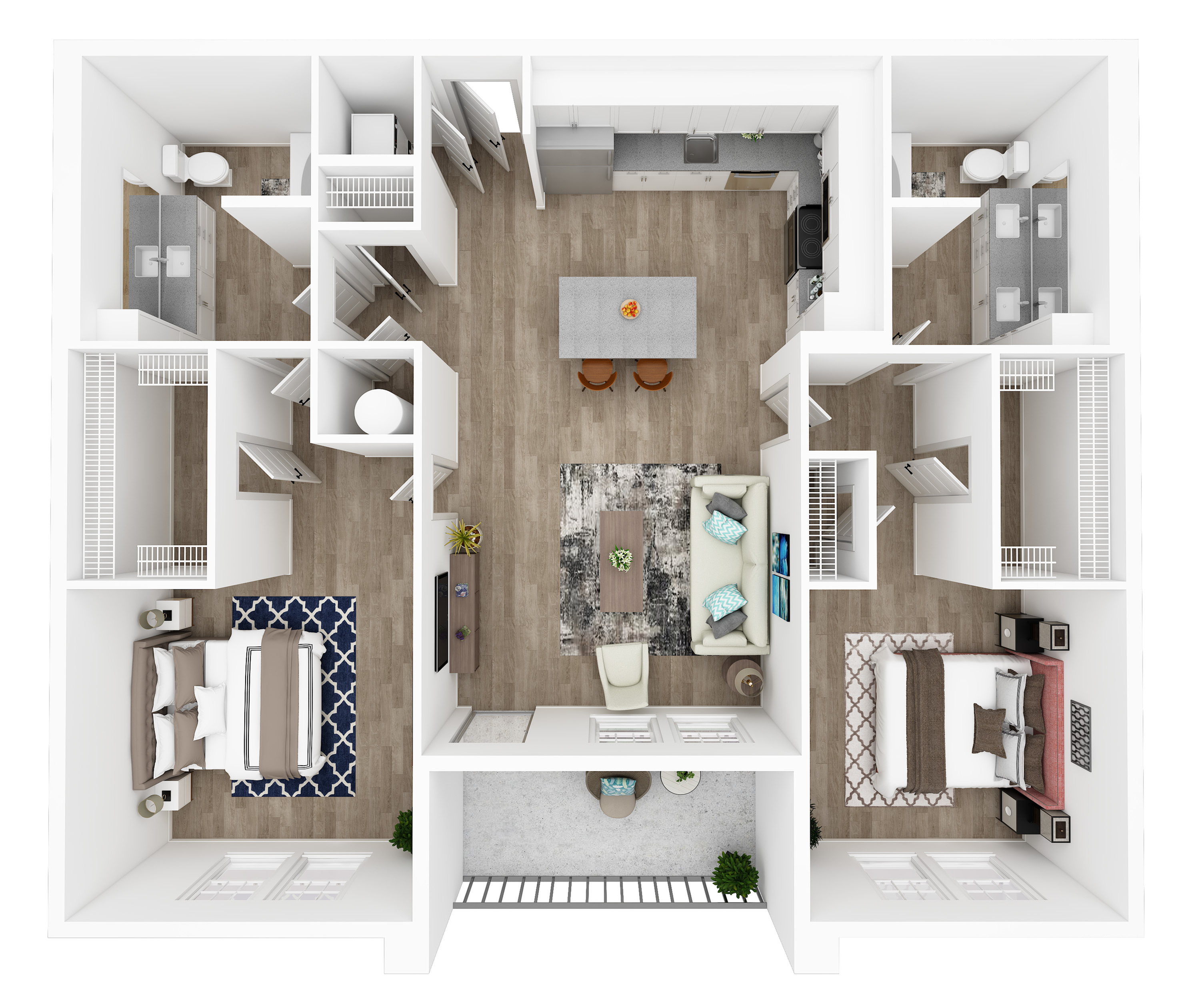 Elegant 3D floor plan showcasing two spacious bedrooms, two modern bathrooms, an open-concept kitchen with island, and a stylish living area leading to a cozy balcony.