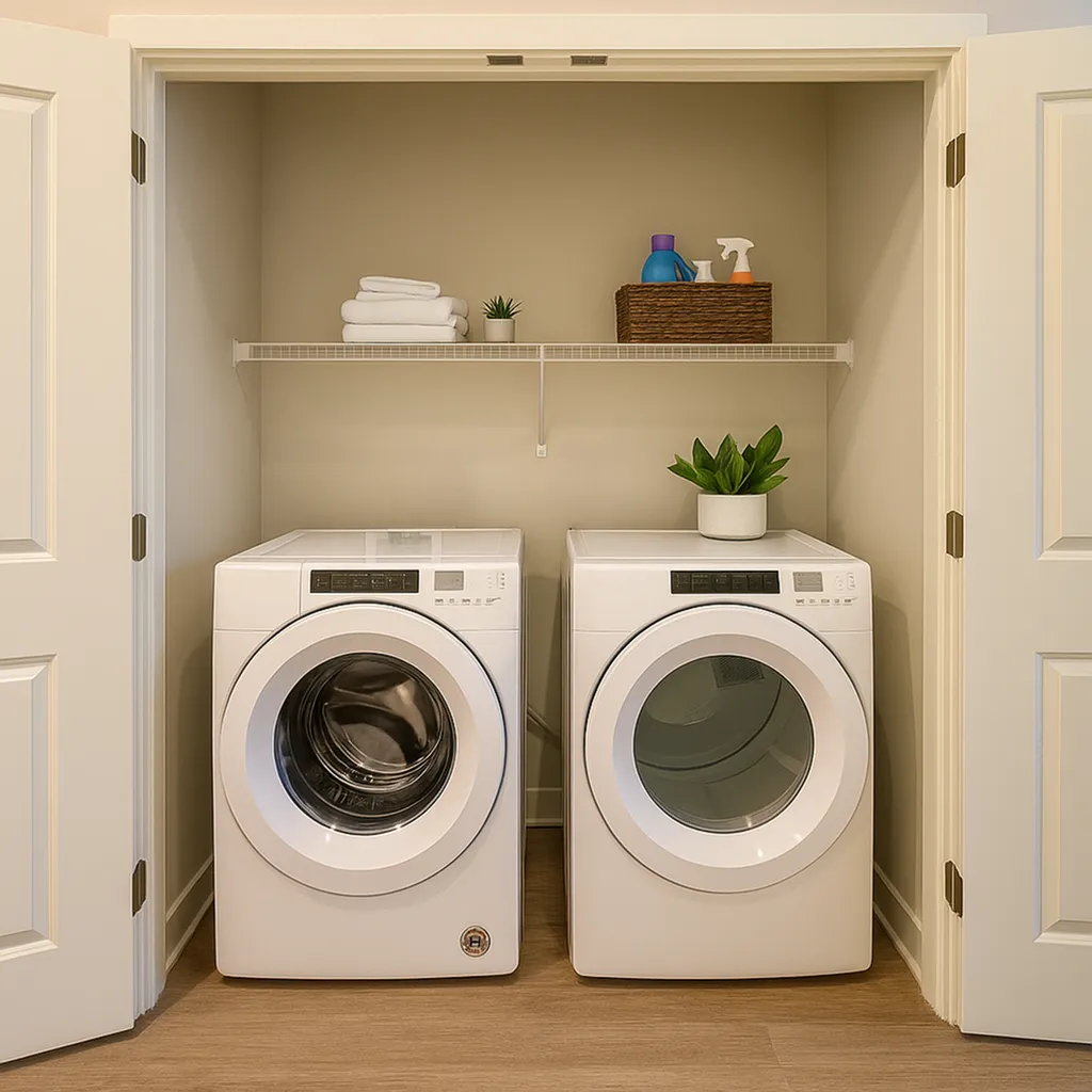 Modern laundry area with sleek washer and dryer.