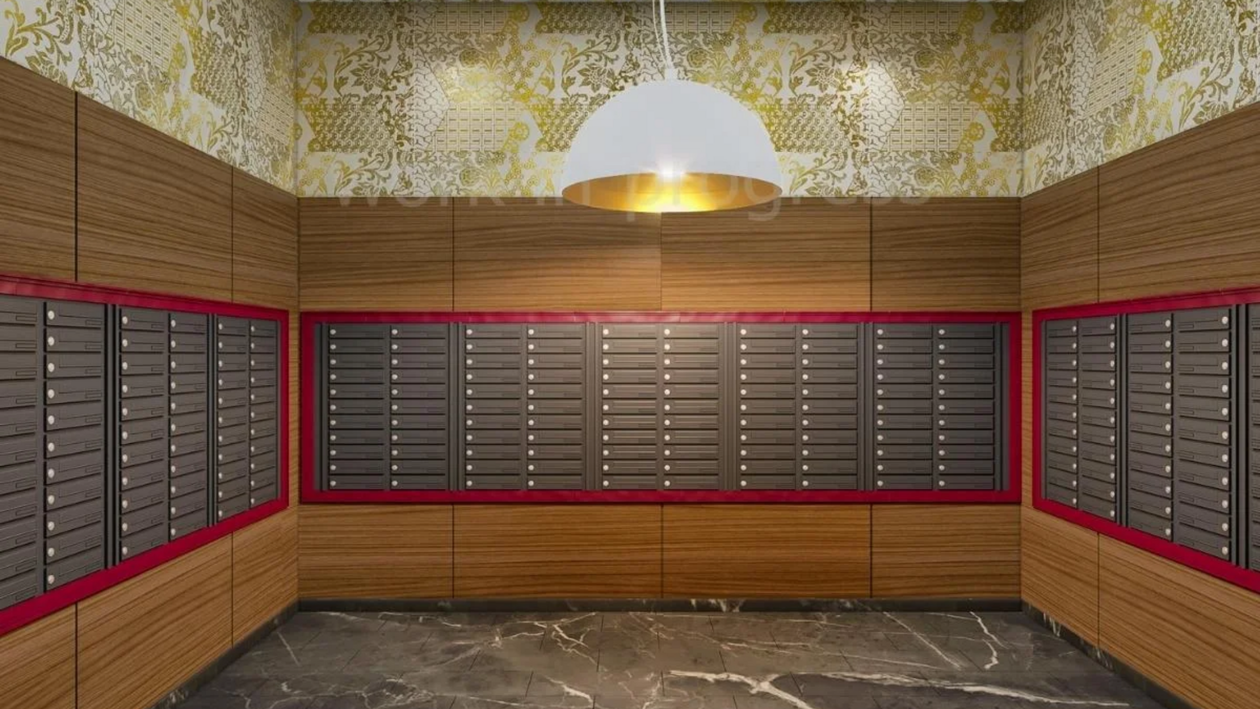 Modern mailroom with sleek wood paneling, chic patterned wallpaper, and a stylish pendant light, creating a sophisticated and functional space.