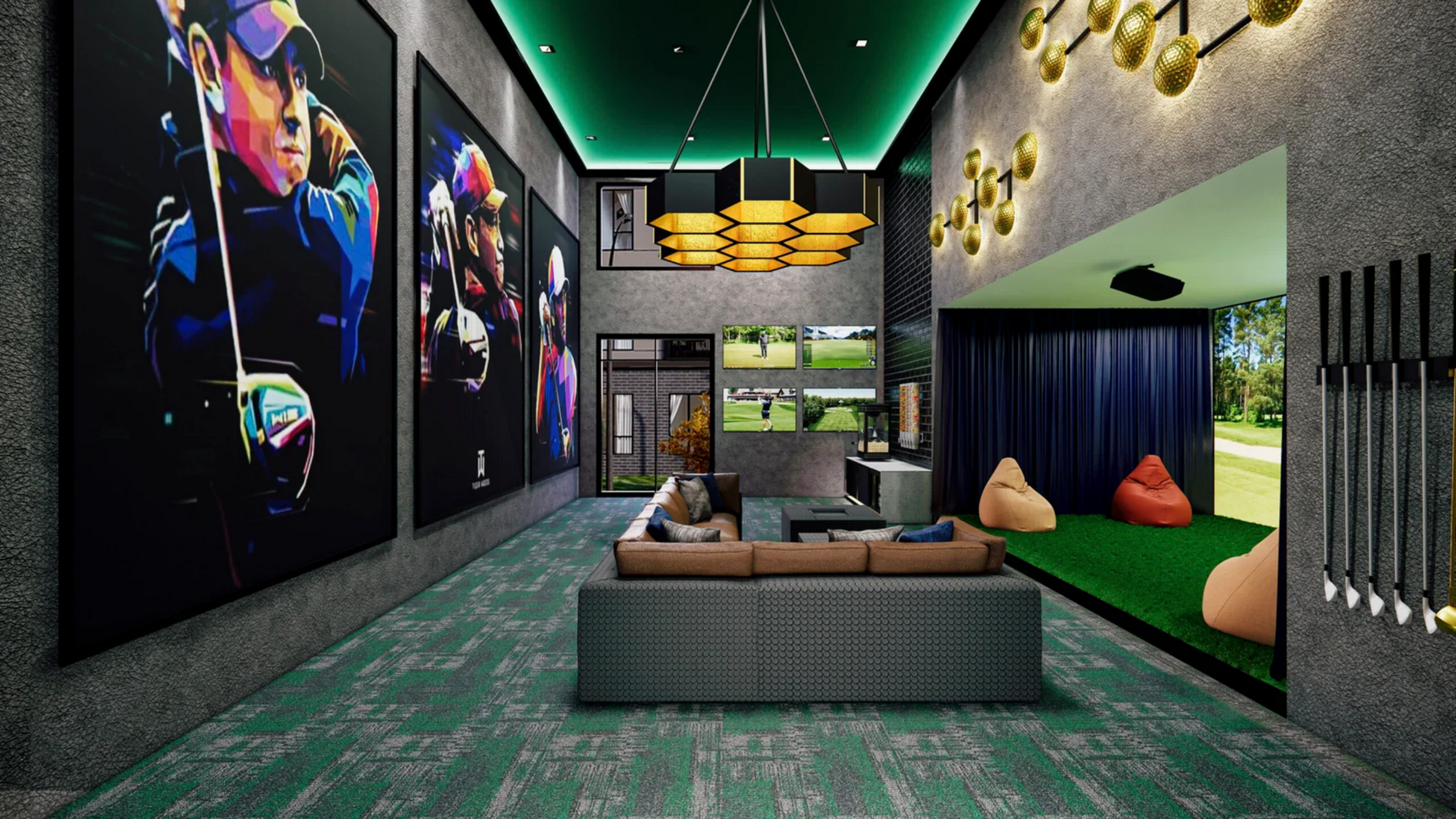 Luxurious living space with modern sports-themed decor, featuring striking artwork and a vibrant entertainment area with cozy seating.