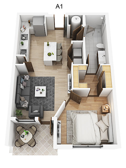Chic floor plan showcasing a cozy one-bedroom layout with an inviting open kitchen and living area, stylish bathroom, and intimate balcony space.