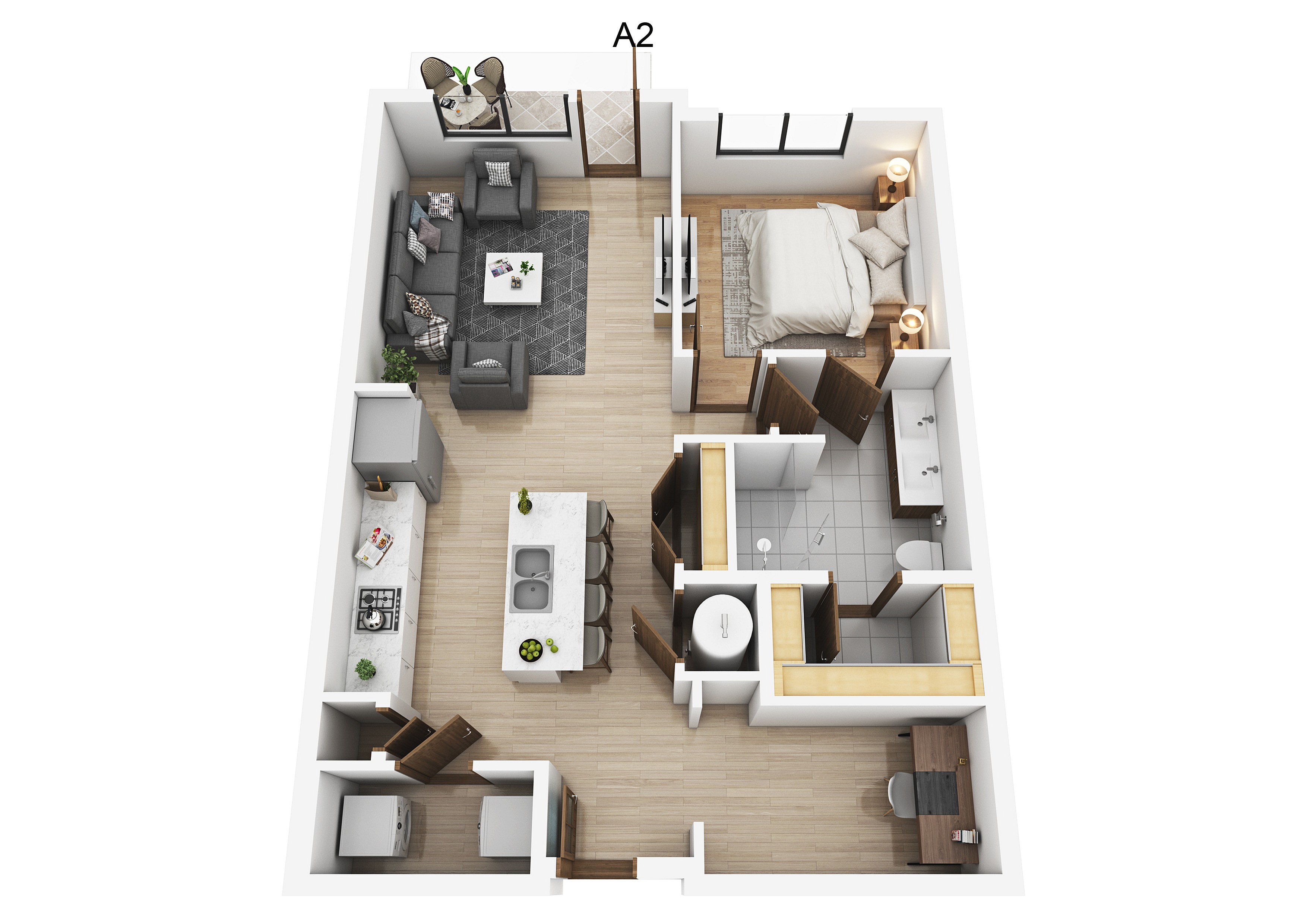 Modern 3D apartment layout of A2 model with open-concept living area, sleek kitchen, cozy bedroom, and spacious bathroom.